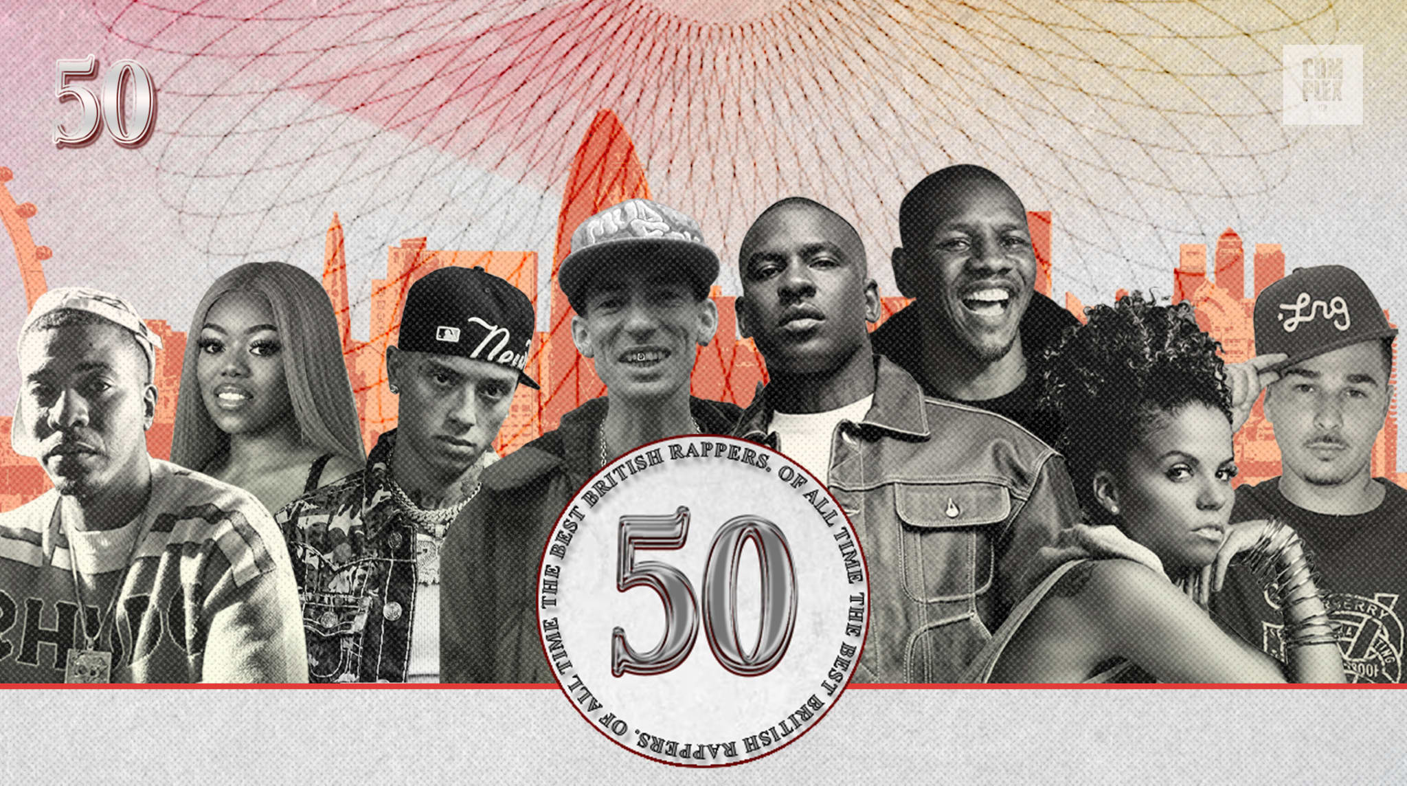 A collage of British rappers with a "50" emblem in the center. The background features a stylized cityscape.