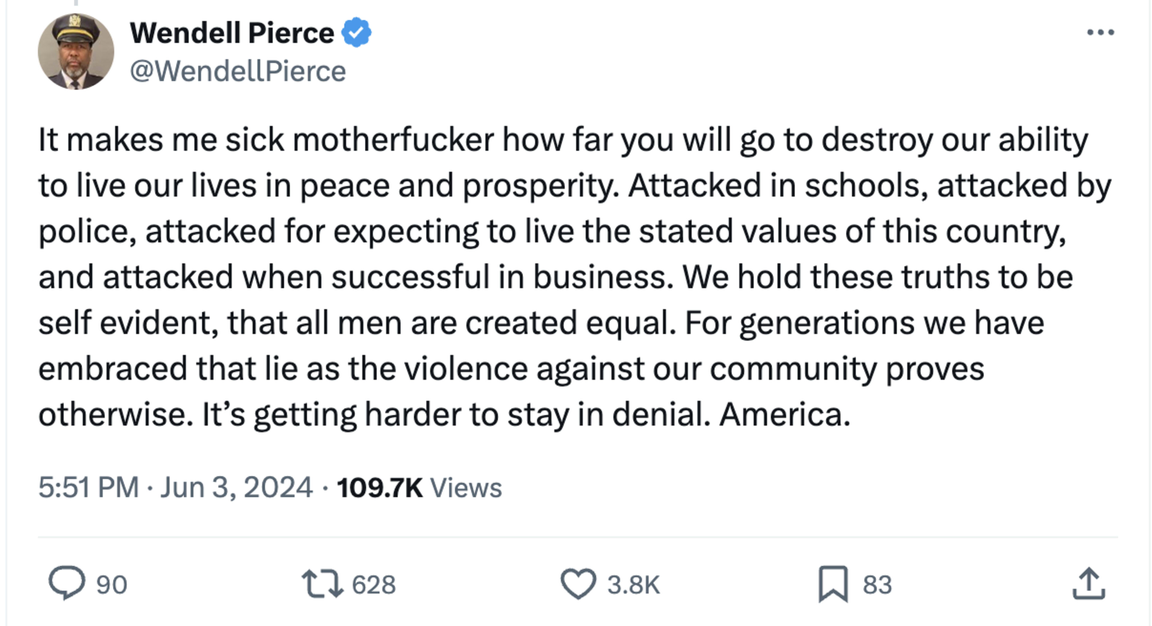 Tweet by Wendell Pierce criticizing the state of violence and inequality in America, noting attacks in various spheres and the challenges of denying these issues