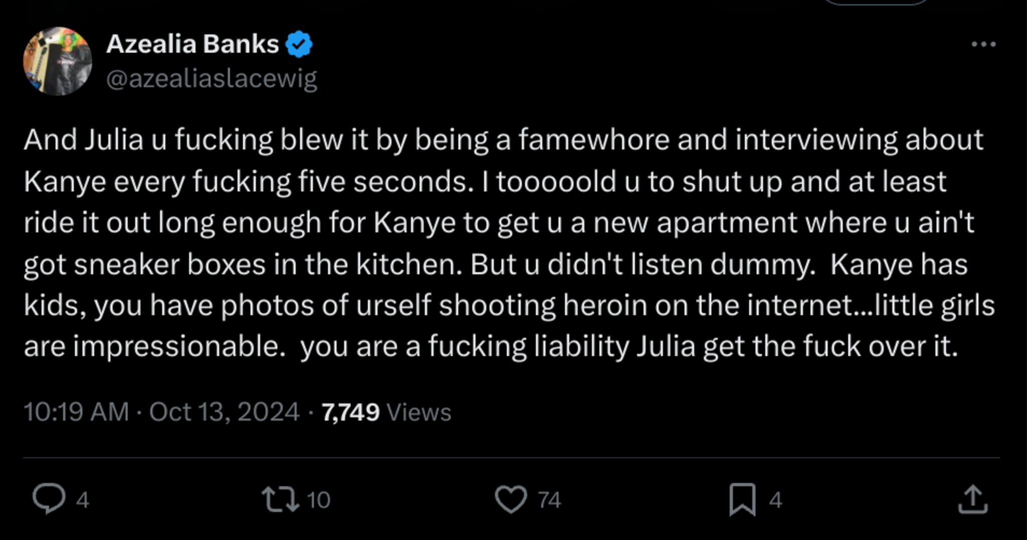 Azealia Banks Rips Julia Fox for Calling Herself a ‘Pawn’ in