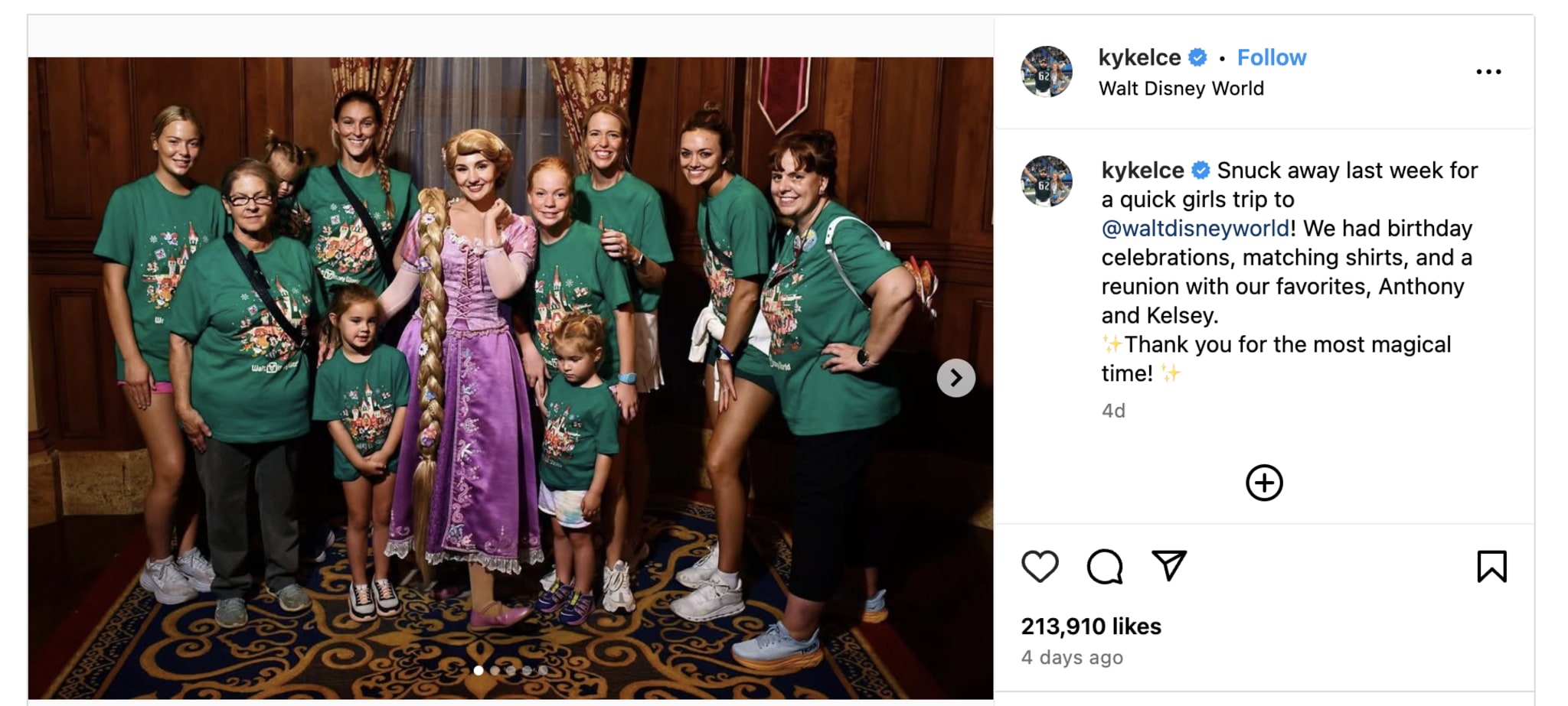 Jason and Kylie Kelce's daughters wearing matching green shirts, posing with Rapunzel at Walt Disney World.