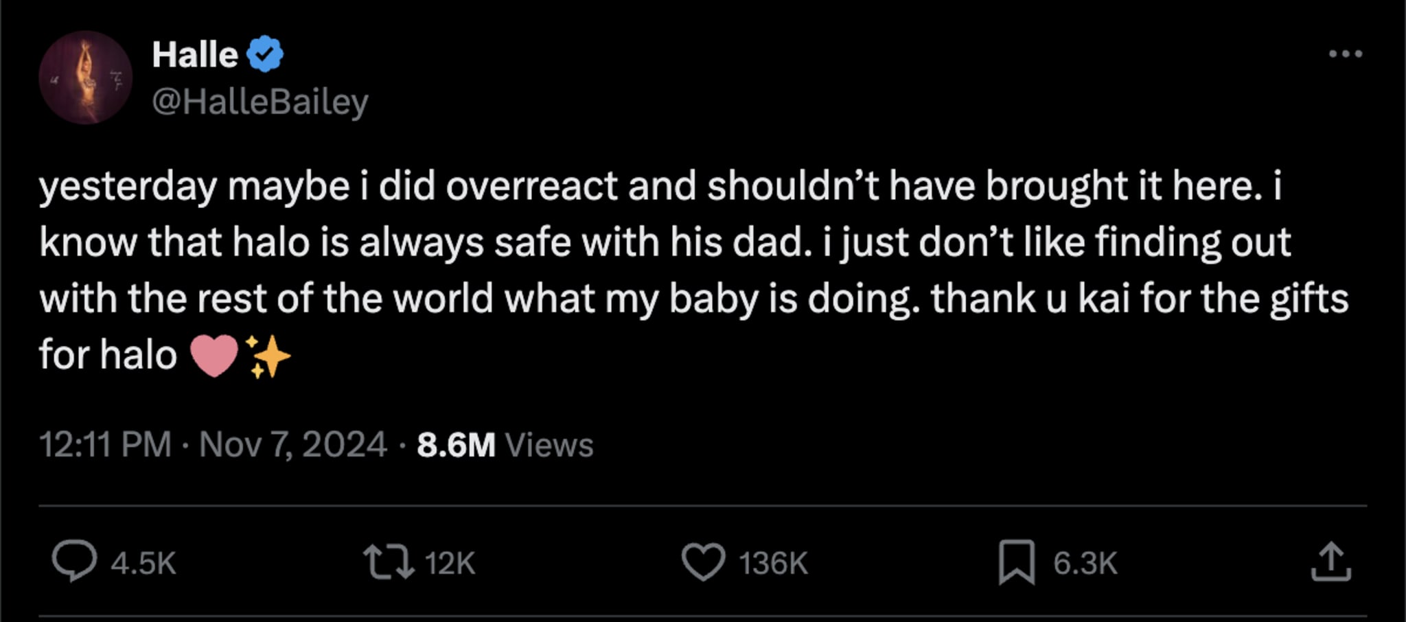 A tweet by Halle Bailey expressing regret for overreacting and thanking Kai for gifts for Halo.