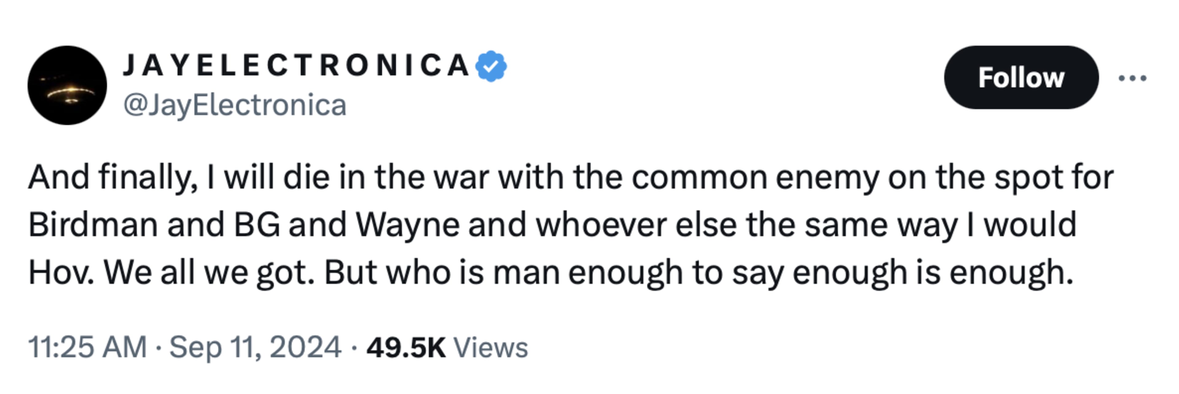 A tweet from Jay Electronica.