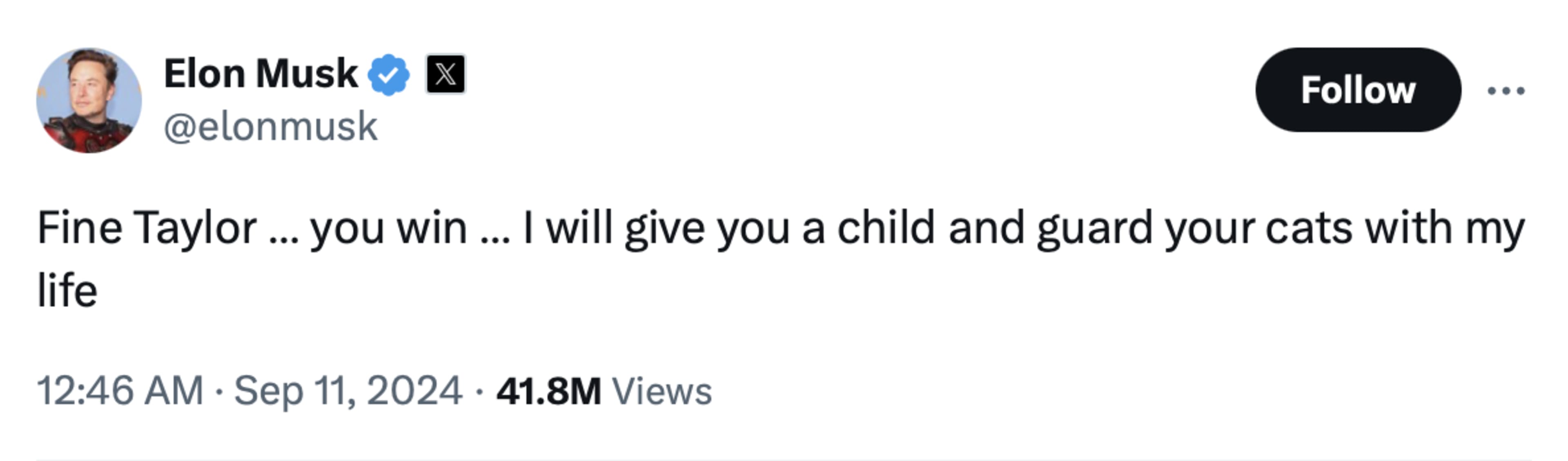 A tweet from Elon Musk threatening to "give" Taylor Swift "a child."