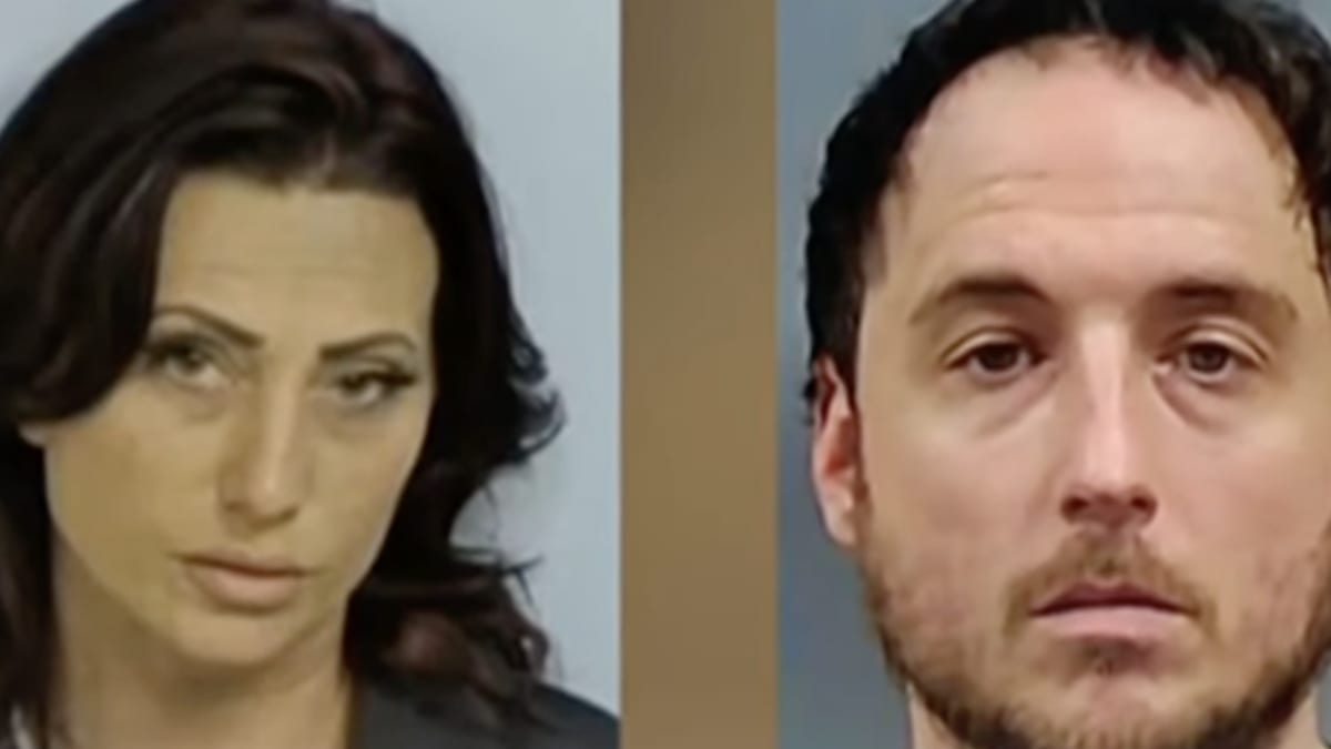 Two mugshots side by side of a woman and a man facing forward