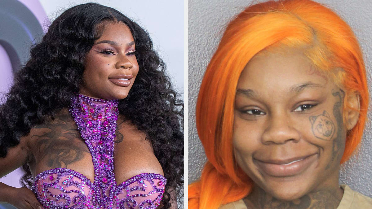 Split image: Left, woman in purple bejeweled outfit. Right, woman's mugshot