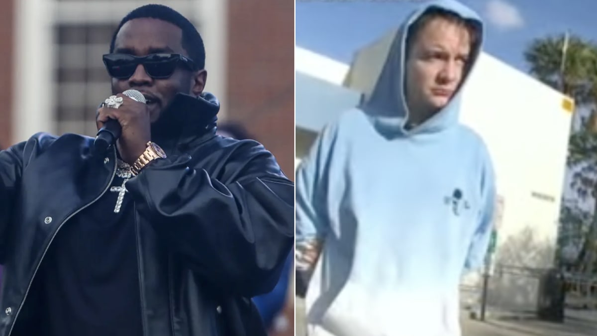 Music artist performing with microphone, another person in a hoodie walking outside