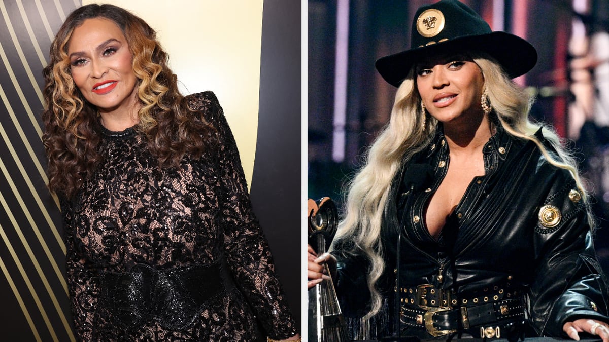Tina Knowles wearing a lacy black dress and Beyoncé wearing a black outfit with a hat giving an award speech