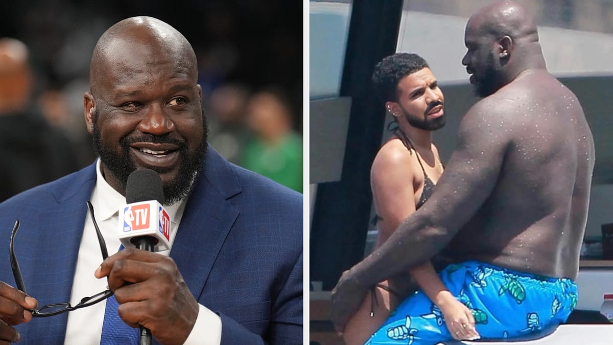 Shaquille O'Neal in a suit during a TV broadcast; On the right, an edited photo of Shaq and Drake are relaxing beside water