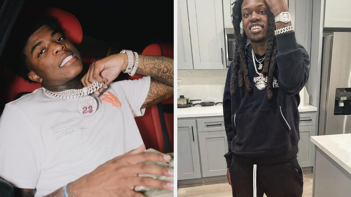 Rapper Julio Foolio displays jewelry in his car, while rapper SpotemGottem shows off jewelry in a kitchen