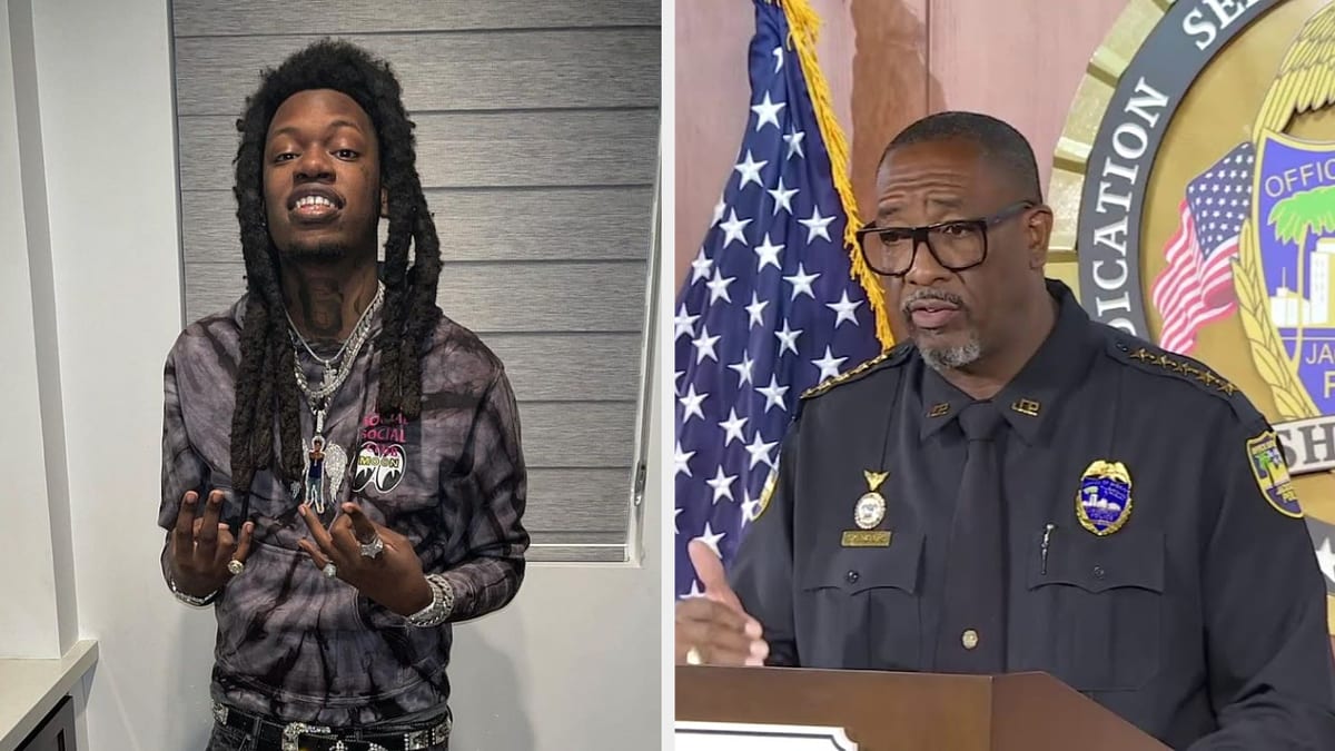 Rapper J $tash poses with a smile on the left. Jacksonville Sheriff's Office Chief T. K. Waters speaks at a podium on the right