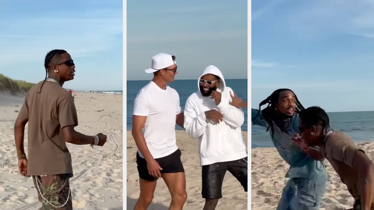 Three men are on a beach in a series of images. One man is wearing camouflage pants, and two others are laughing and interacting, one in a white outfit and the other in denim