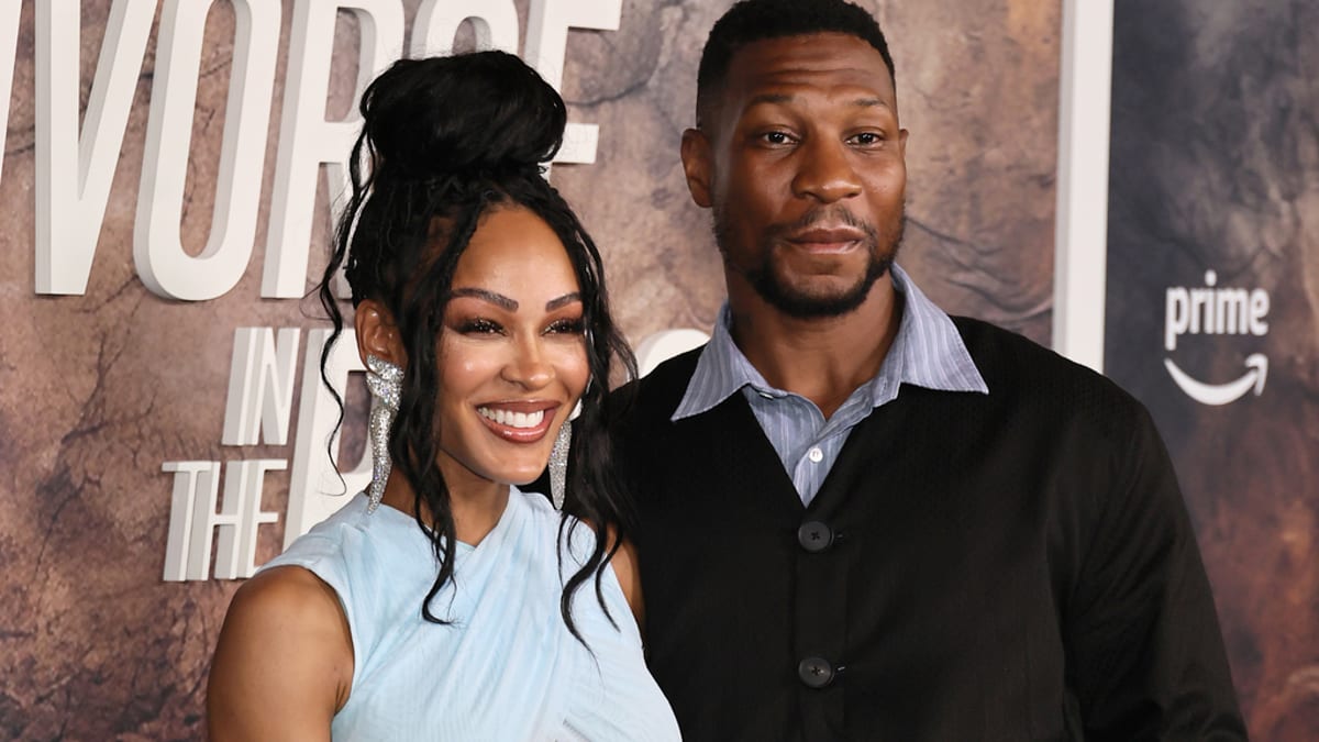 Meagan Good in a stylish cut-out gown and Jonathan Majors in a suit at a Prime event