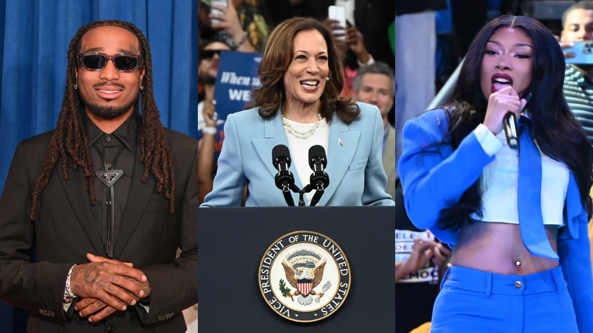 Quavo in a dark suit, Vice President Kamala Harris speaking at a podium, and Megan Thee Stallion performing in a blue suit