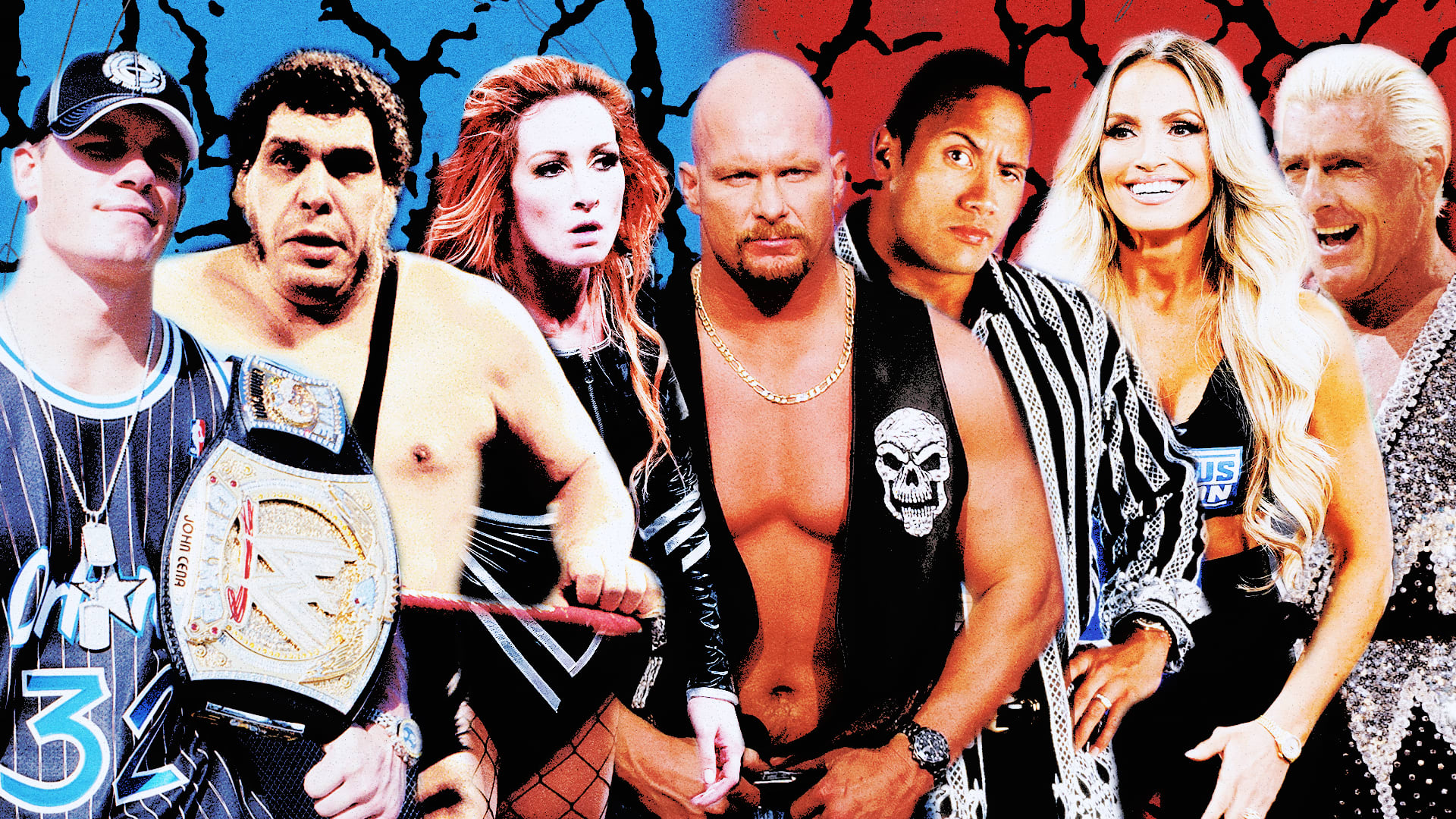 Various popular wrestlers like John Cena, Stone Cold Steve Austin, and The Rock pose next to each other against a cracked blue-and-red background.