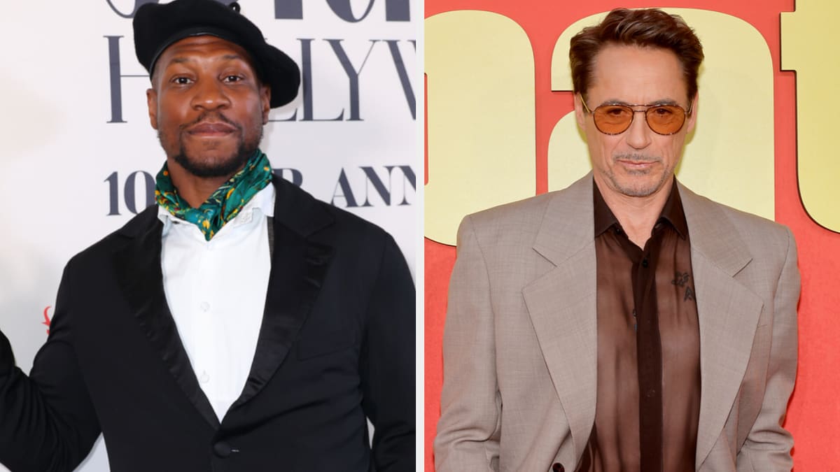 Jonathan Majors in a black suit with green scarf and Robert Downey Jr. in a brown suit with sunglasses pose at separate events