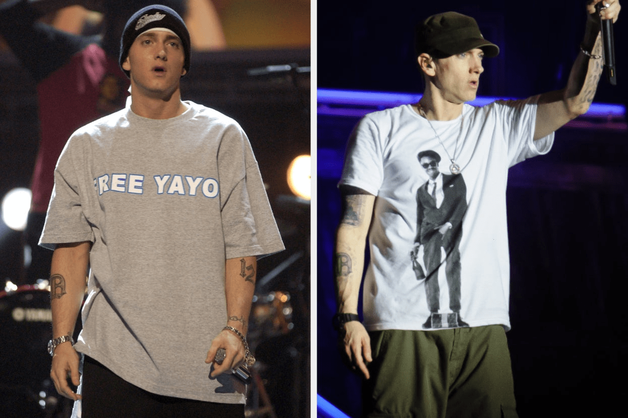 Eminem wearing 'Free Yayo' and Slick Rick T-shirts.