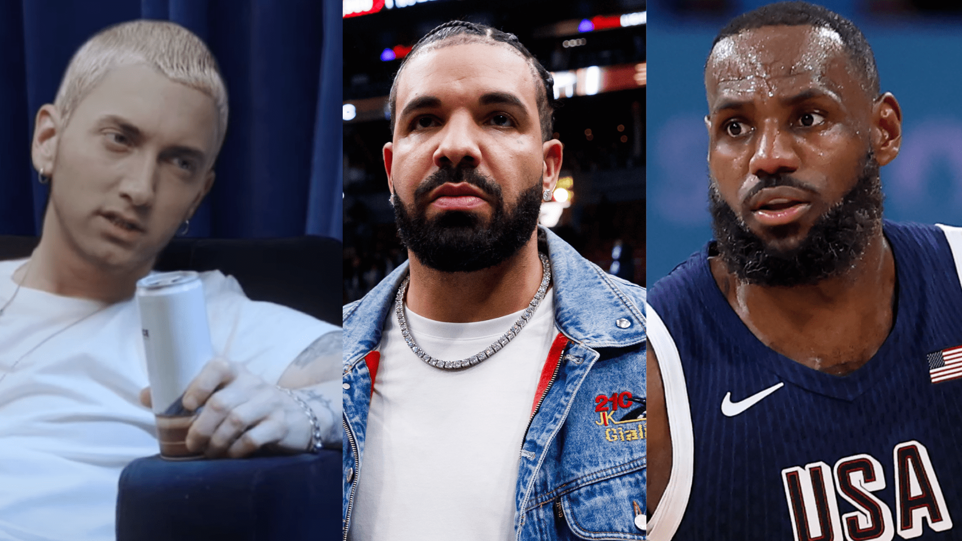 Eminem, Drake, and LeBron James are pictured; Eminem holding a can, Drake in a denim jacket at an event, and LeBron James in a Team USA basketball jersey