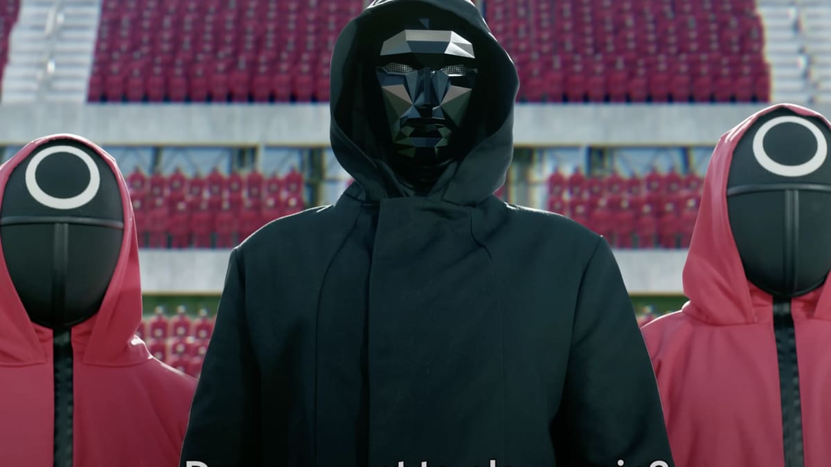 The image shows characters from the Netflix series "Squid Game," with masked individuals dressed in black and pink standing in a stadium. Text reads, "Do you want to play again?" On the right, the "Squid Game 2" title is displayed