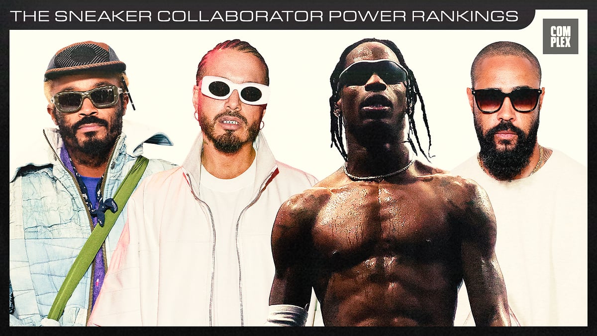 Snoop Dogg, J Balvin, Travis Scott, and DJ Khaled in stylish outfits from the Sneaker Collaborator Power Rankings by Complex