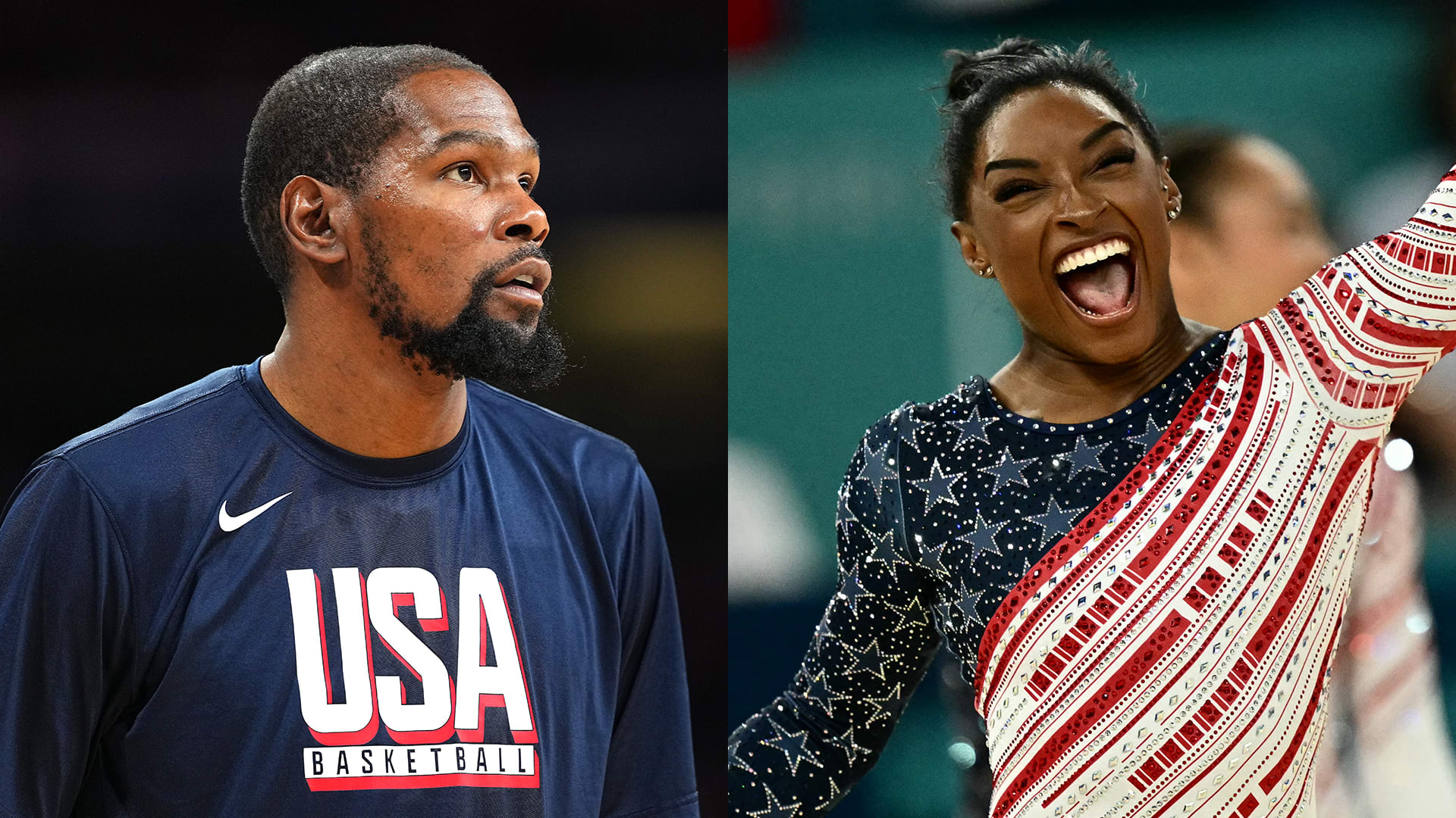 A spliced image showing NBA star Kevin Durant and gymnast Simone Biles at the 2024 Paris Olympics.