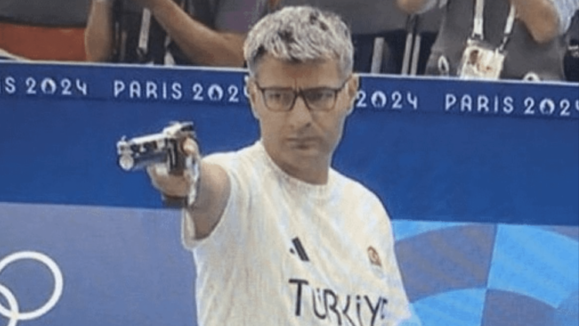 2024 Paris Olympics 10m air pistol mixed team silver medalist Yusuf Dikec of Türkiye 