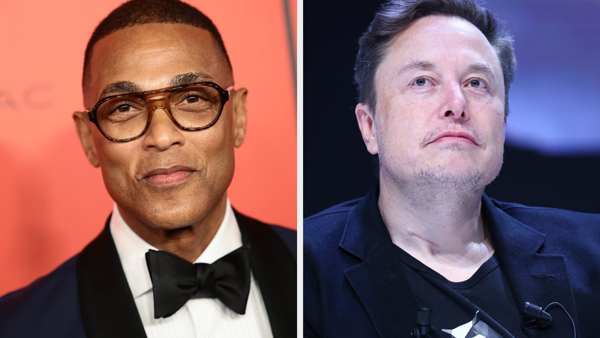 Don Lemon, in a tuxedo, and Elon Musk, casually dressed, are featured side by side in this image
