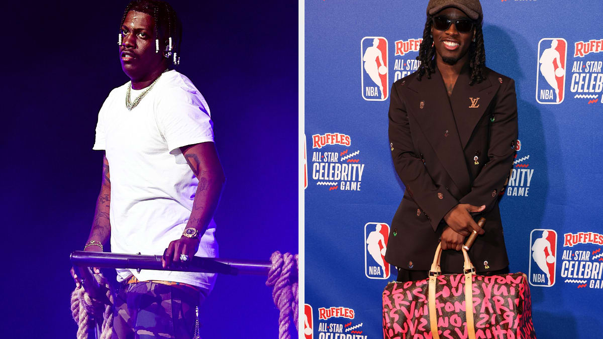 Lil Yachty performs on stage. Quavo at NBA All-Star Celebrity Game event, wearing a coat with a designer bag