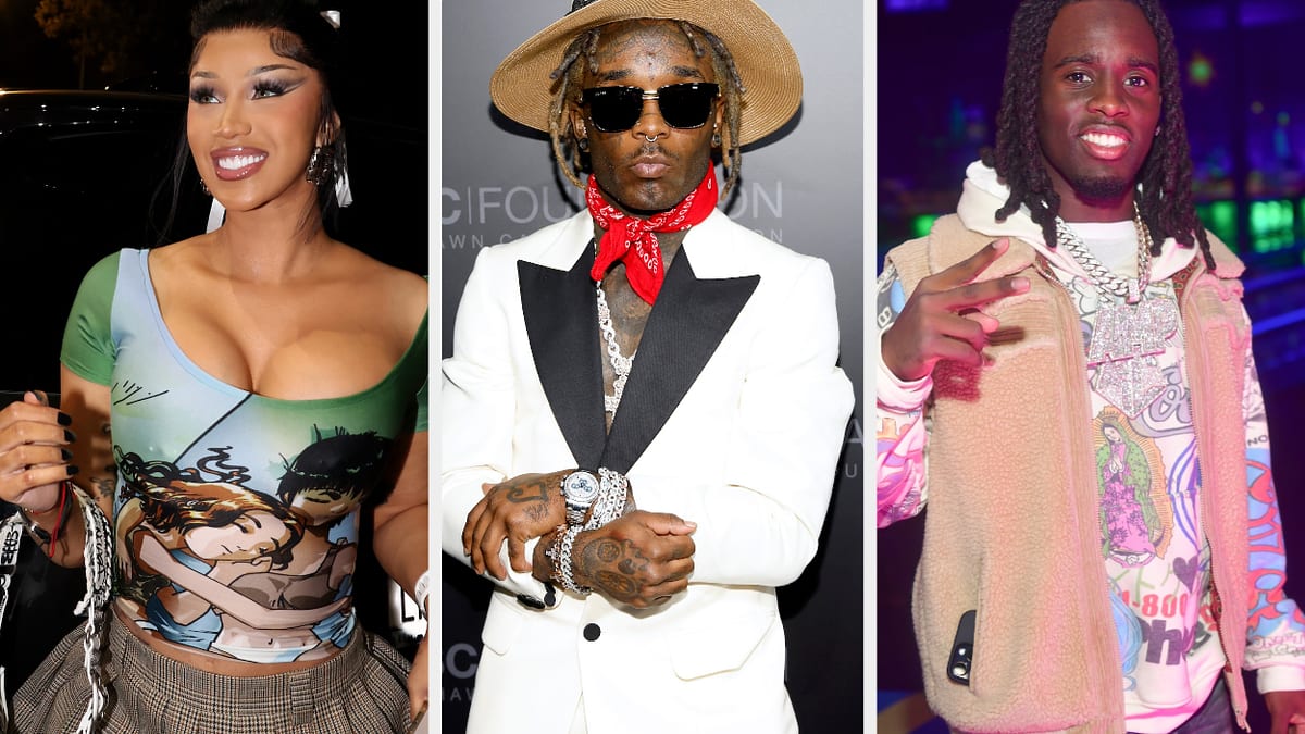 Cardi B in a graphic print top, Lil Uzi Vert in a white suit with a red scarf and straw hat, Kai Cenat in a casual beige and blue jacket