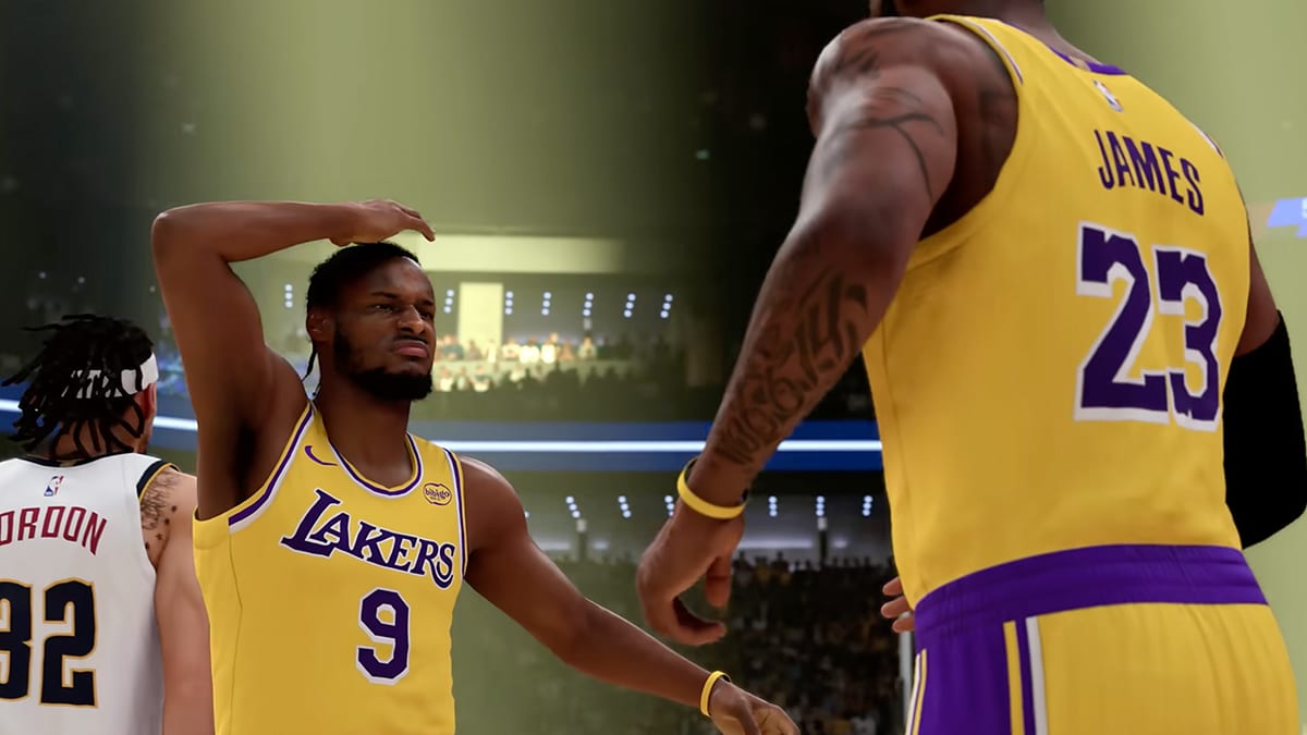 LeBron James wearing #23 Lakers jersey high-fiving teammate on basketball court. Another player from opposing team in background