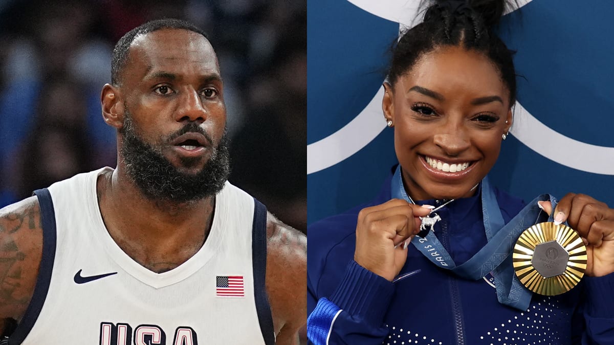 LeBron James in a USA jersey, and Simone Biles smiling, holding a gold medal