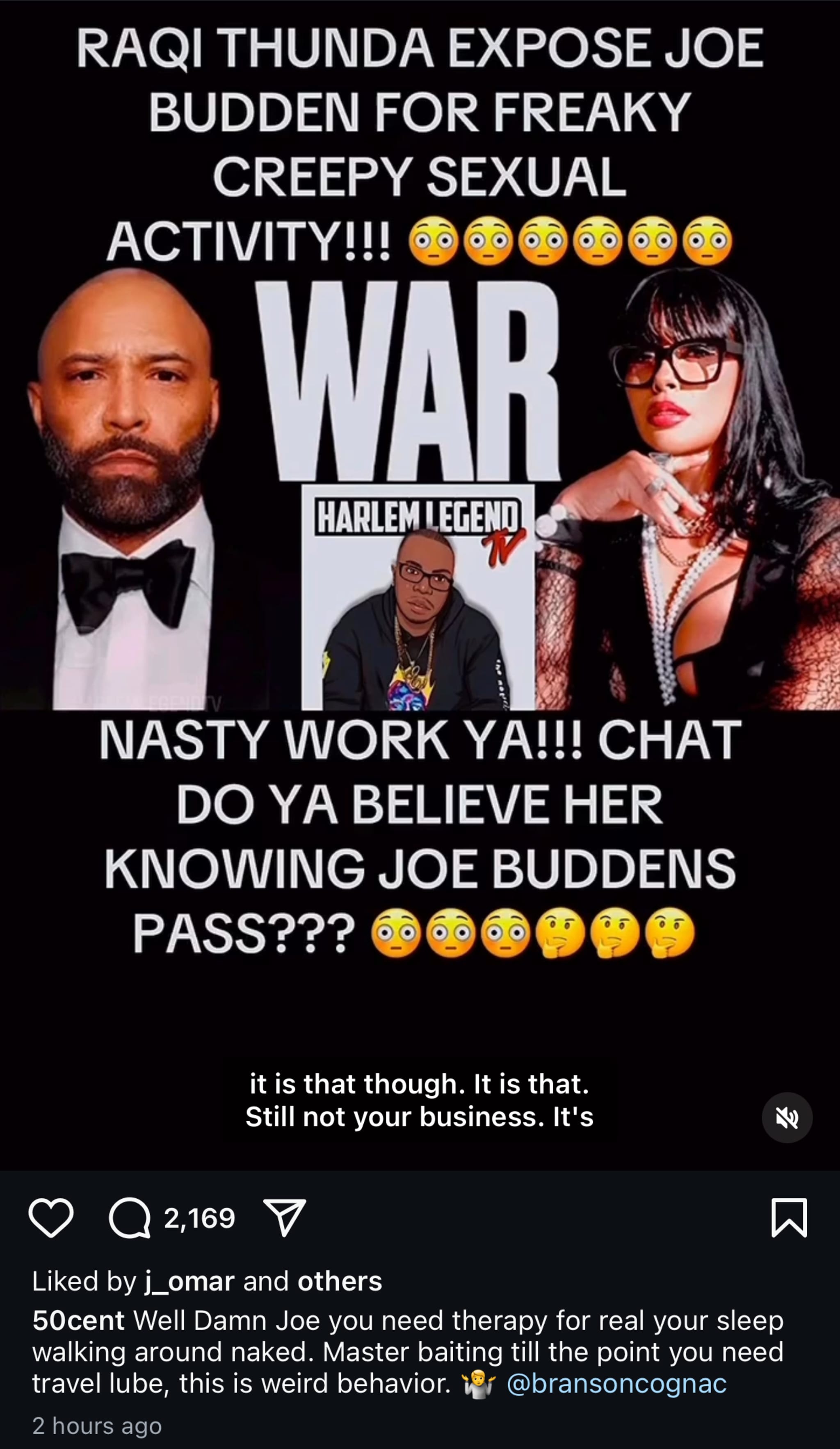 Text featuring Joe Budden and Raqi Thunda discussing alleged sexual behavior. Includes a comment by 50 Cent.