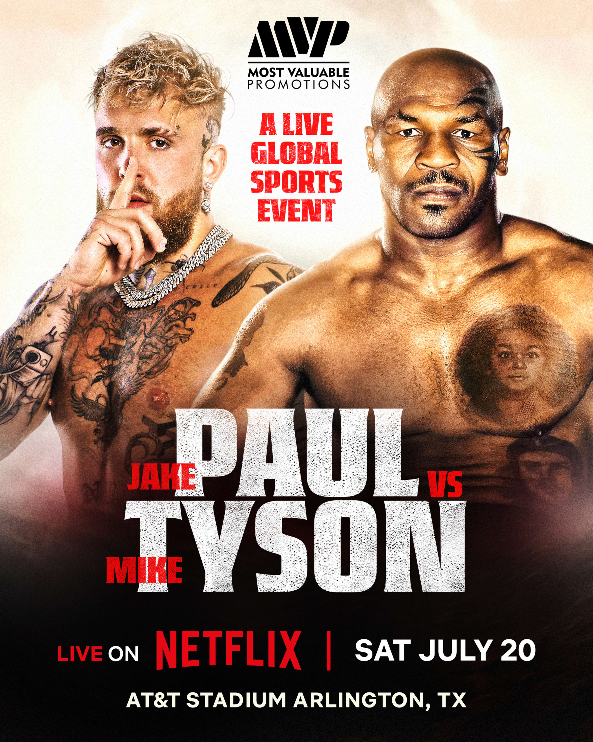 Boxers Jake Paul and Mike Tyson face off in a promotional poster for a live boxing event