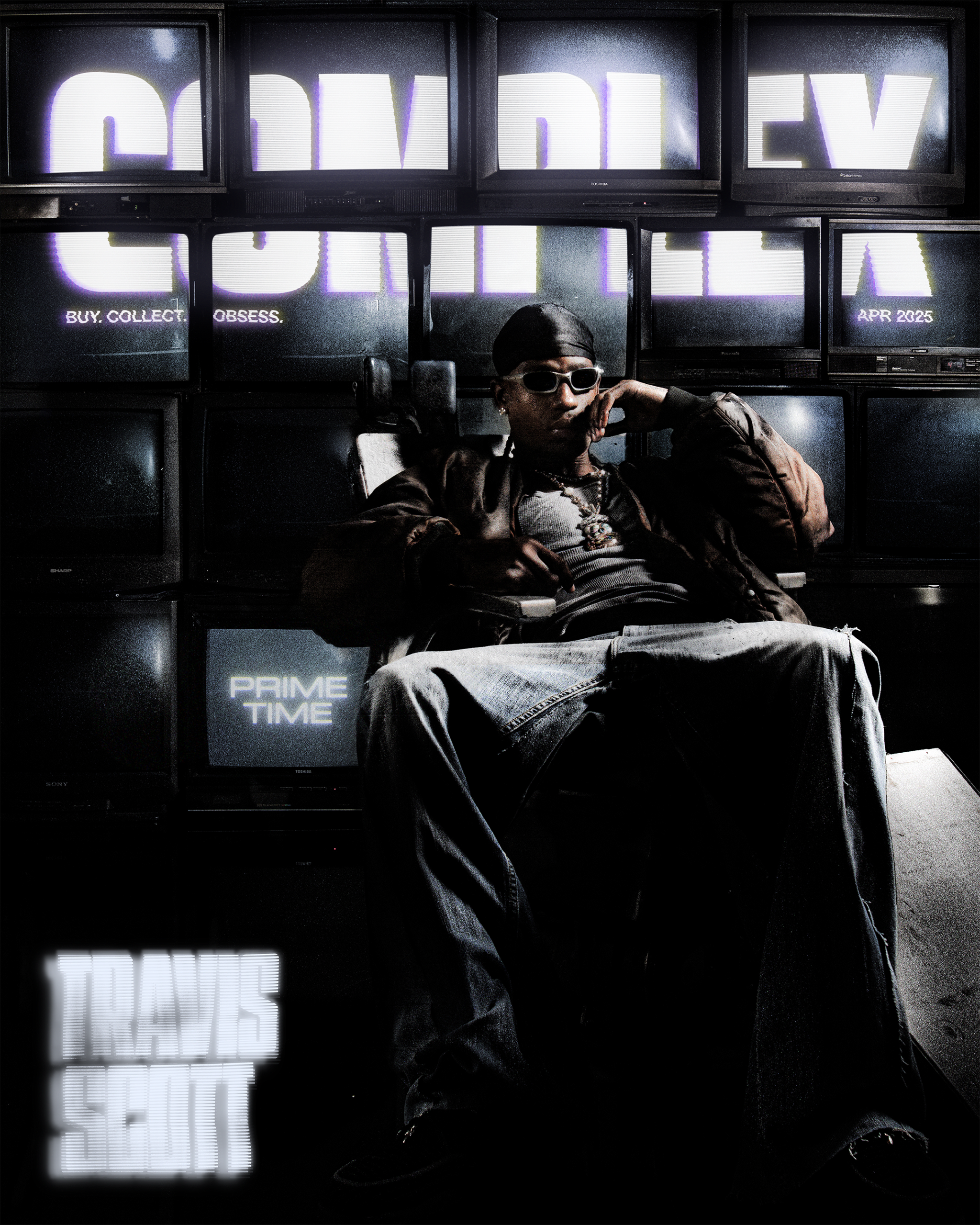 Travis Scott on the cover of Complex Magazine, sitting in front of a wall of TVs