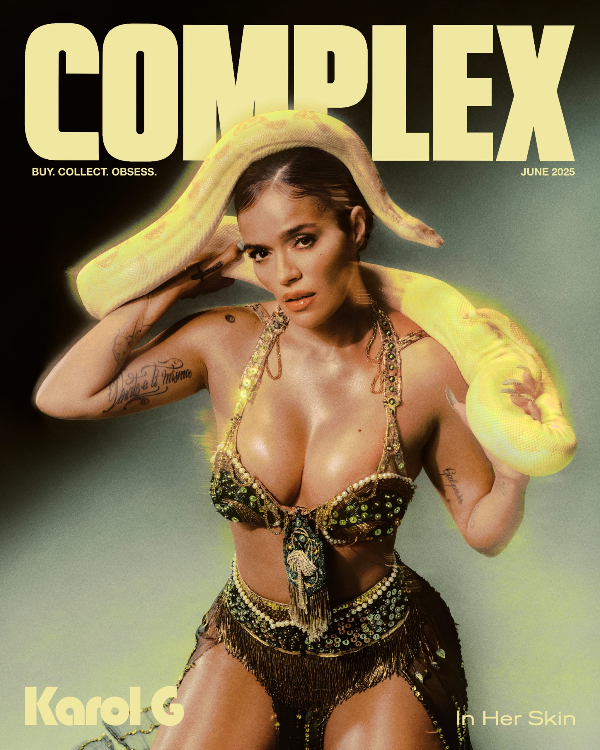 Karol G holding a yellow snake on the Complex cover