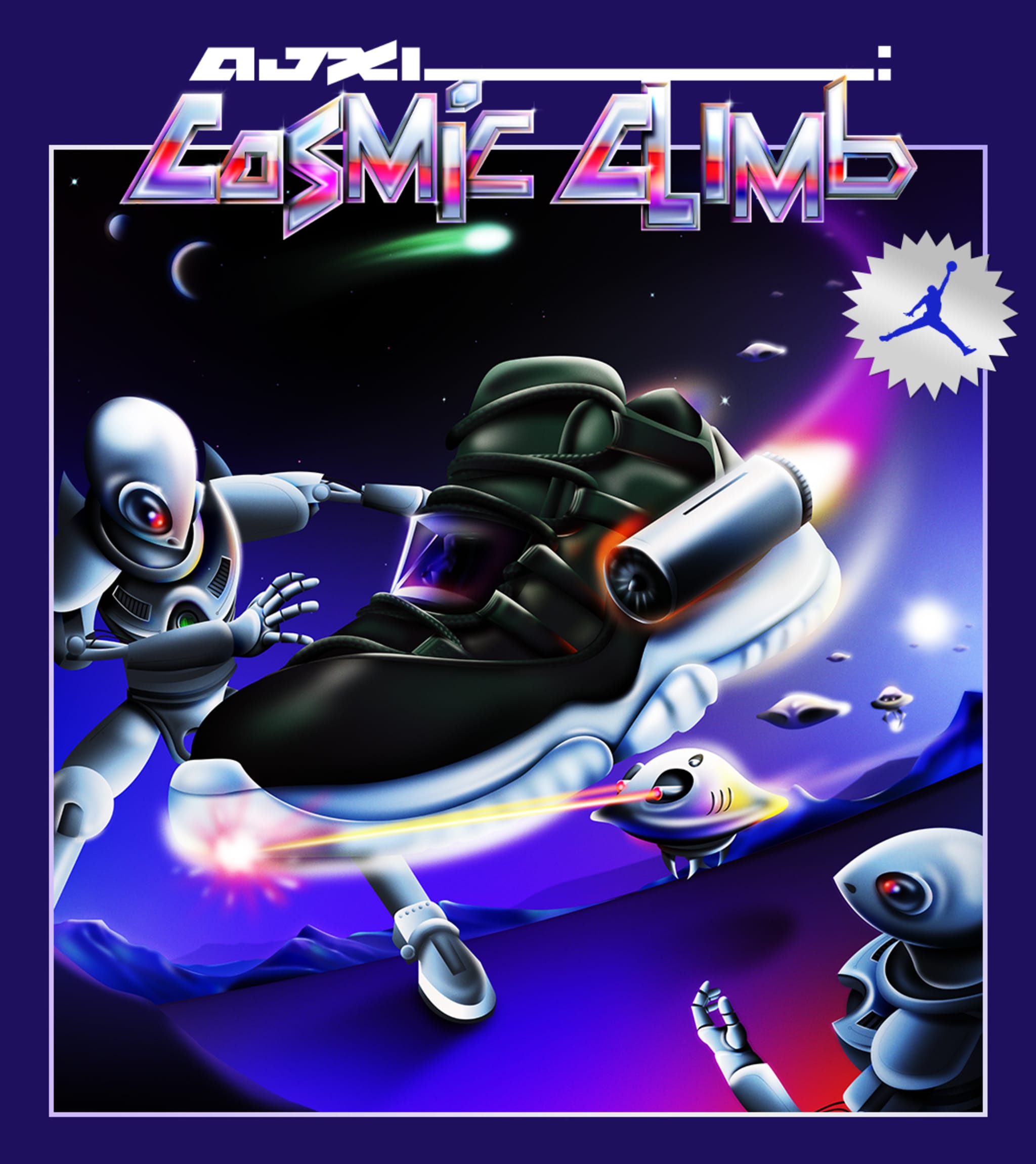 Illustration of animated characters floating in space with a futuristic sneaker featured prominently in the center