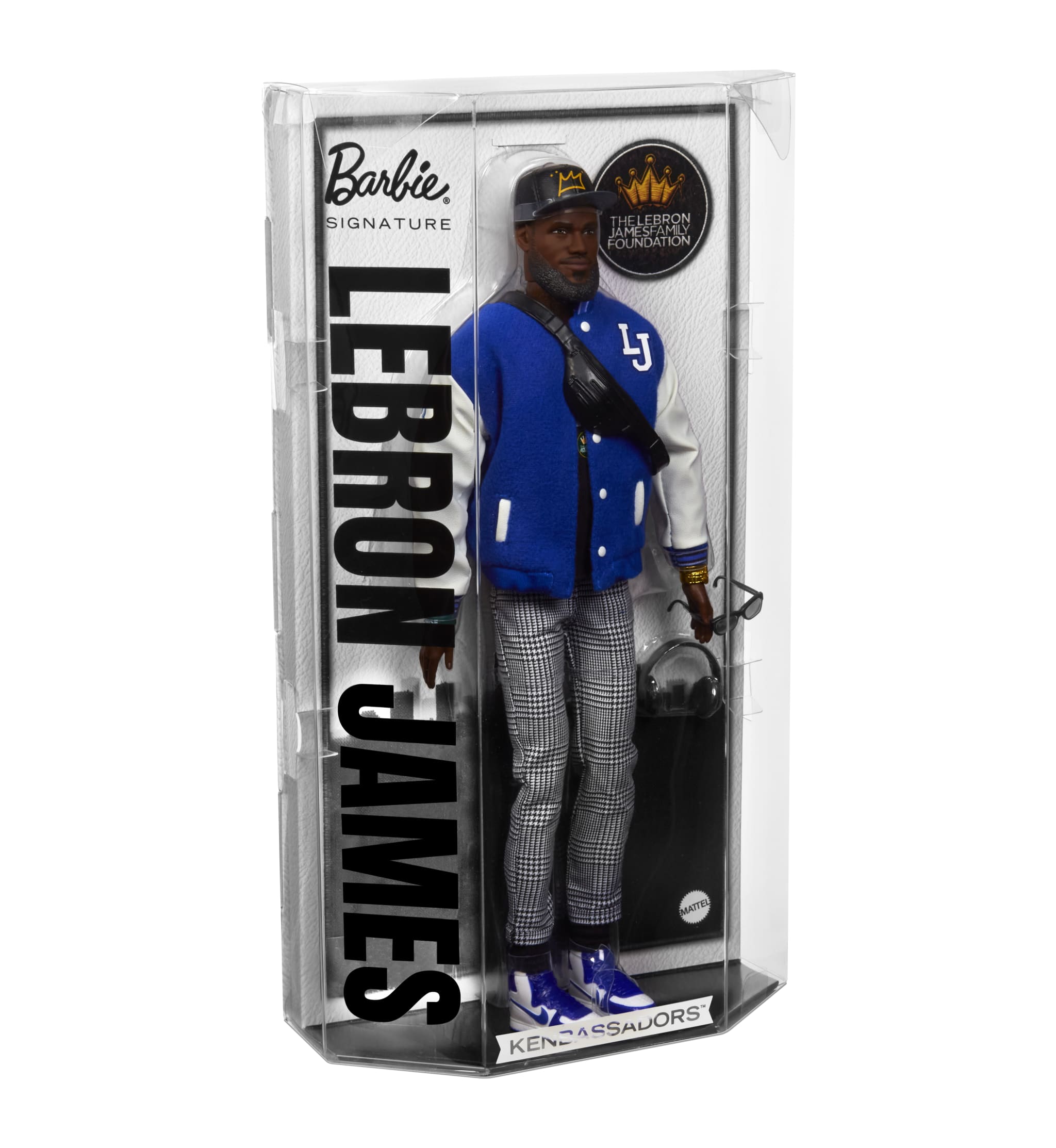 LeBron James Barbie Signature doll in a blue jacket, plaid pants, and sneakers, packaged in a clear box with branding.