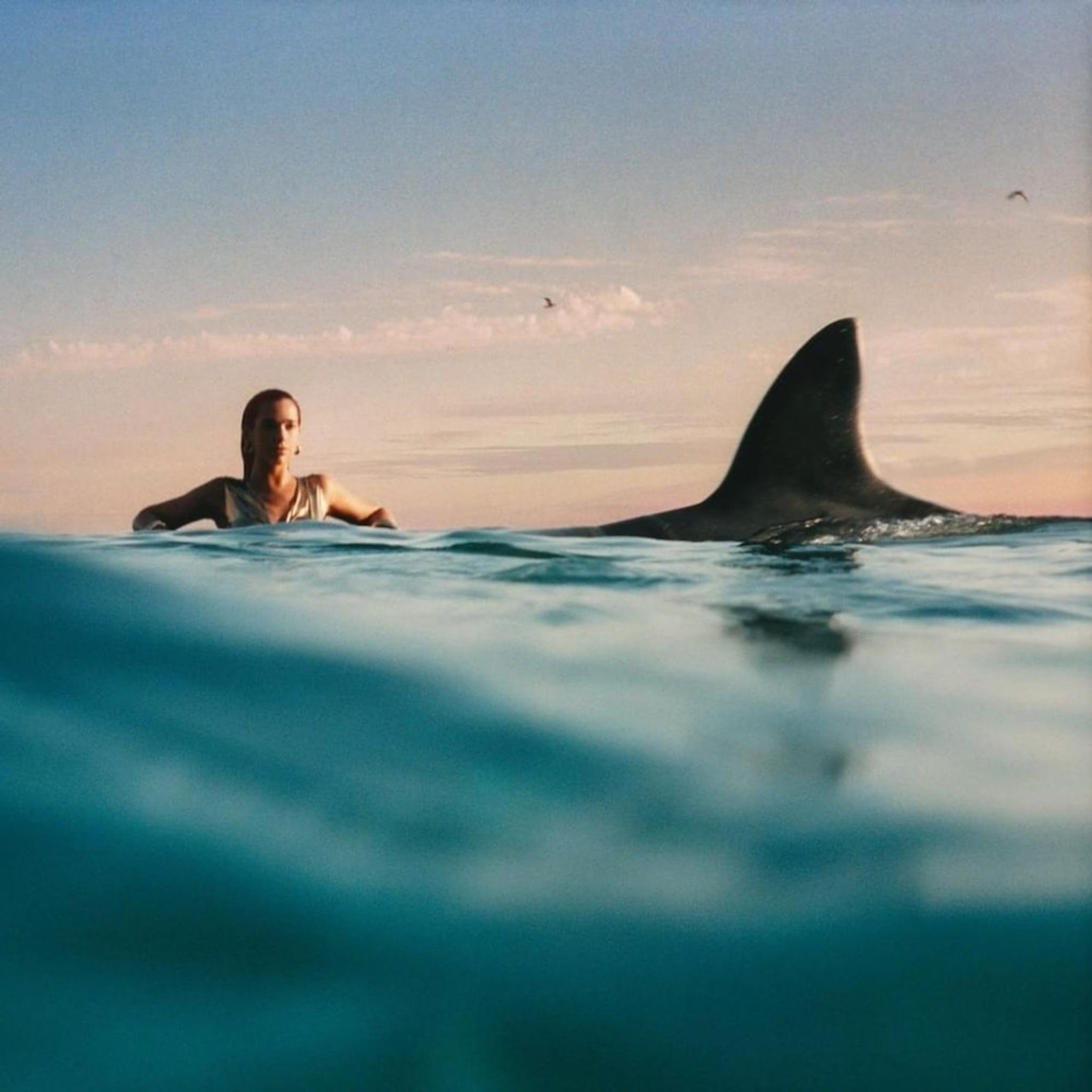 Person swimming near a large dorsal fin protruding from the ocean