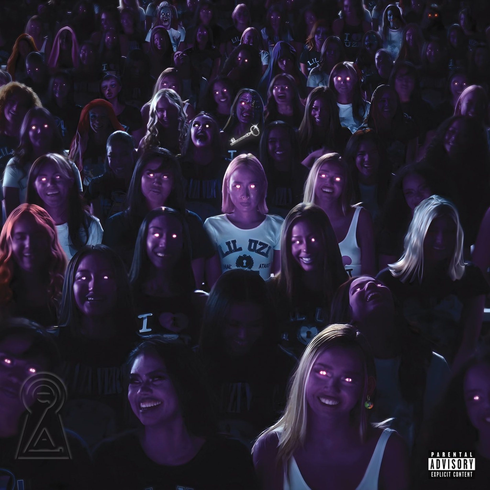 A crowd of people with glowing purple eyes, wearing Lil Uzi Vert shirts. The image has a dark, surreal atmosphere.