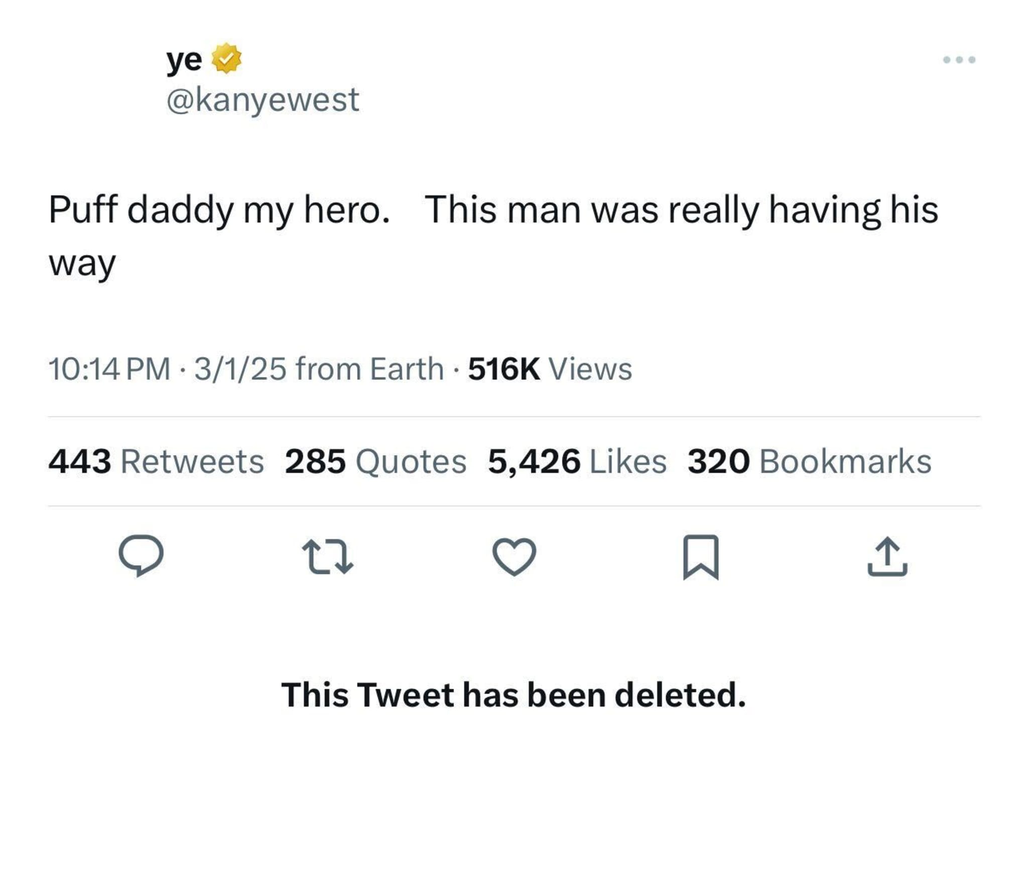 Un tweet supprimé de Ye (Kanye West) mentionnant Puff Daddy comme son héros, avec les mesures d'engagement affichées ci-dessous.