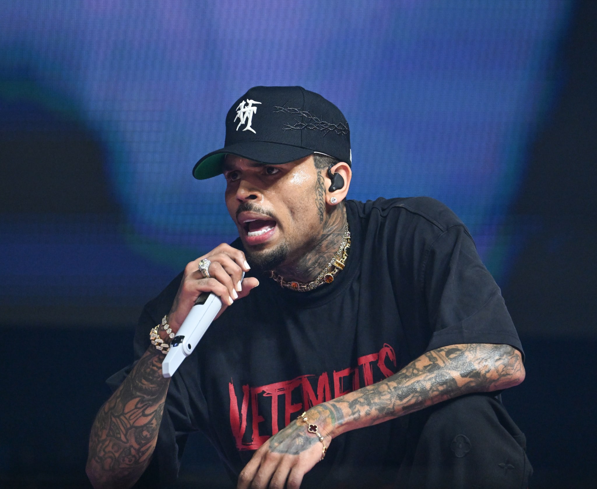 ATLANTA, GEORGIA - JULY 14: Singer Chris Brown performs during Chris Brown In Concert at State Farm Arena on July 14, 2024 in Atlanta, Georgia. 
