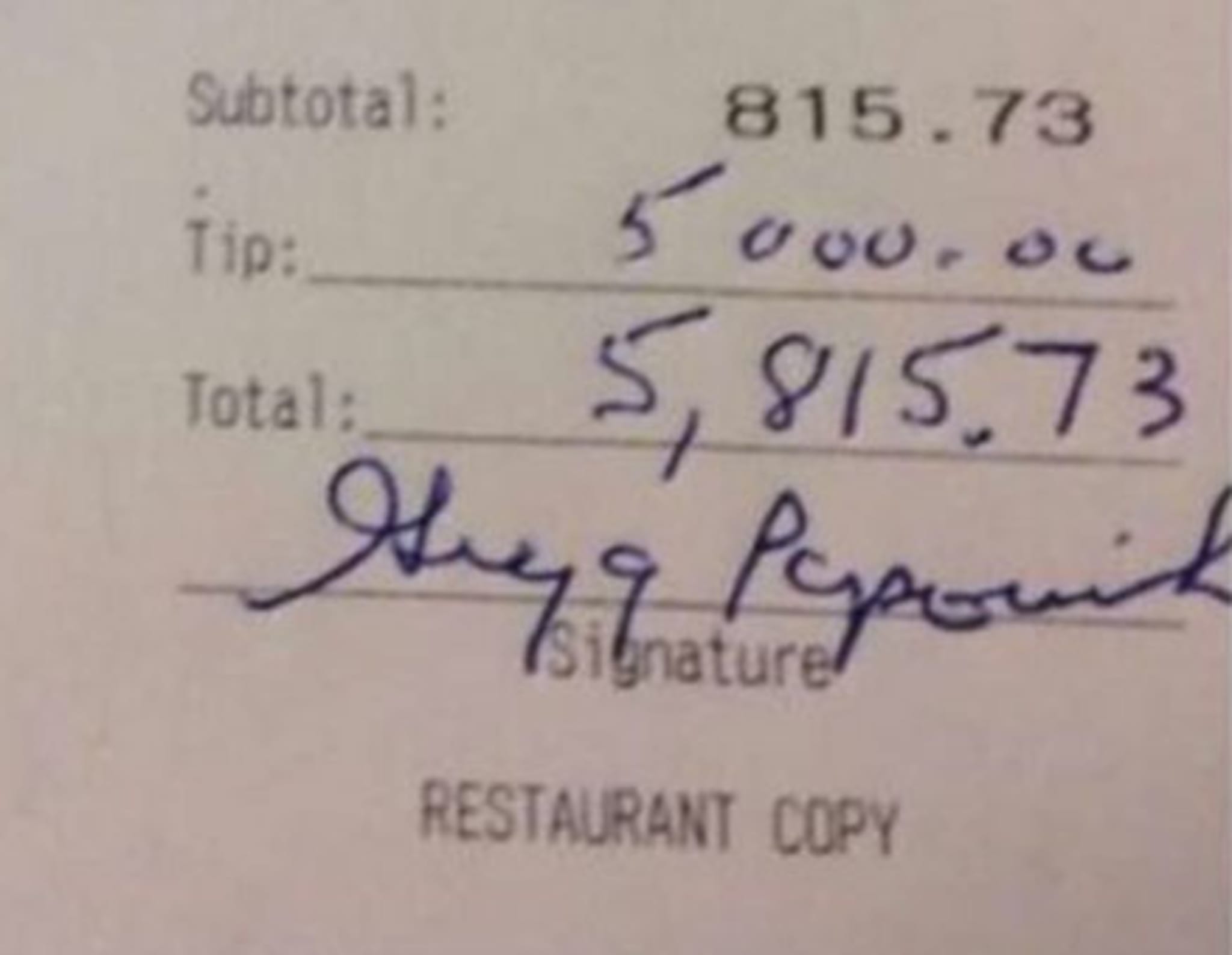 Gregg Popovich appears to leave a massive tip on an $815 meal.