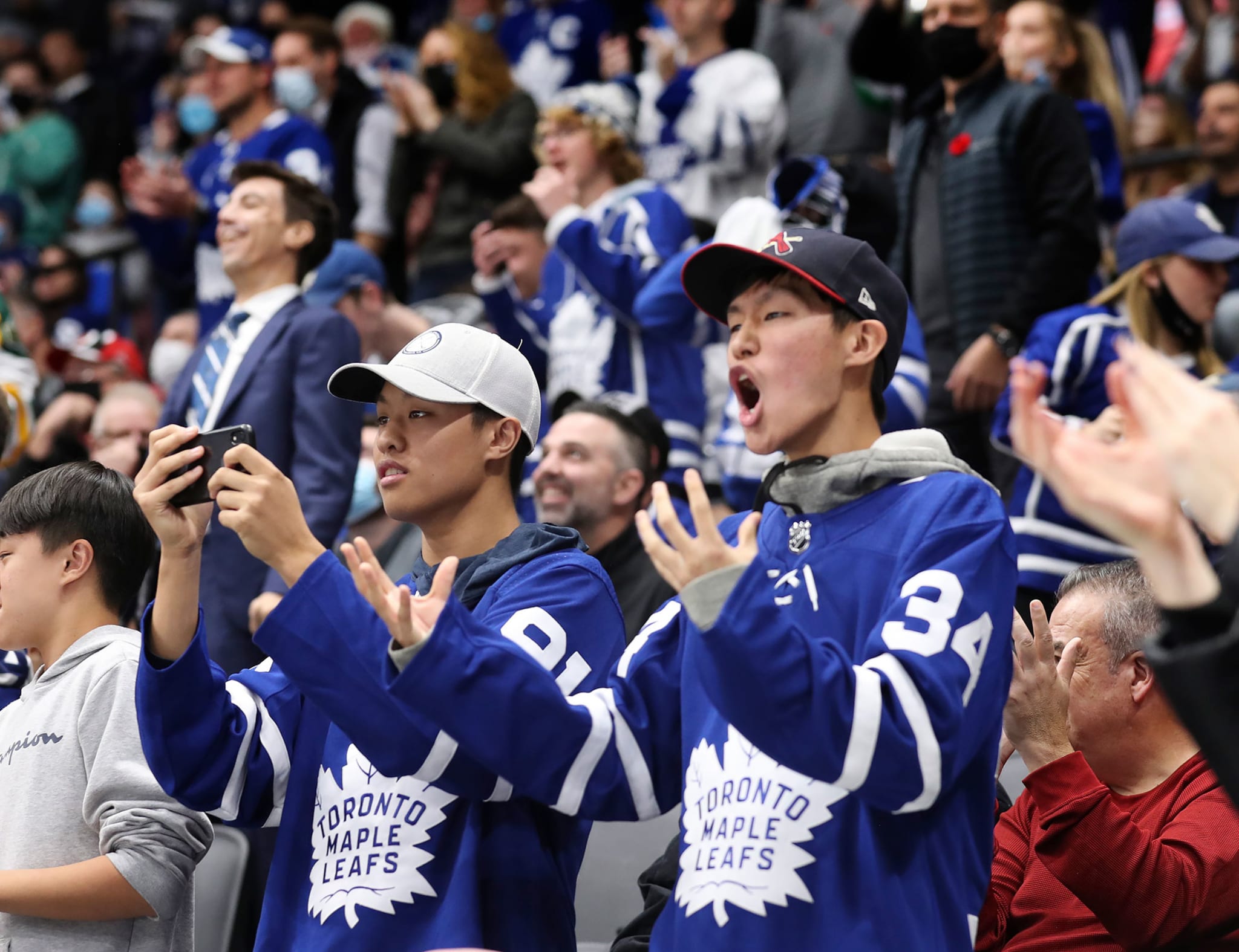 November 12 In overtime the fans celebrate. The Toronto Maple Leafs beat the Calgary Flames 2-1 in overtime in NHL hockey action at the Scotiabank Arena in Toronto
