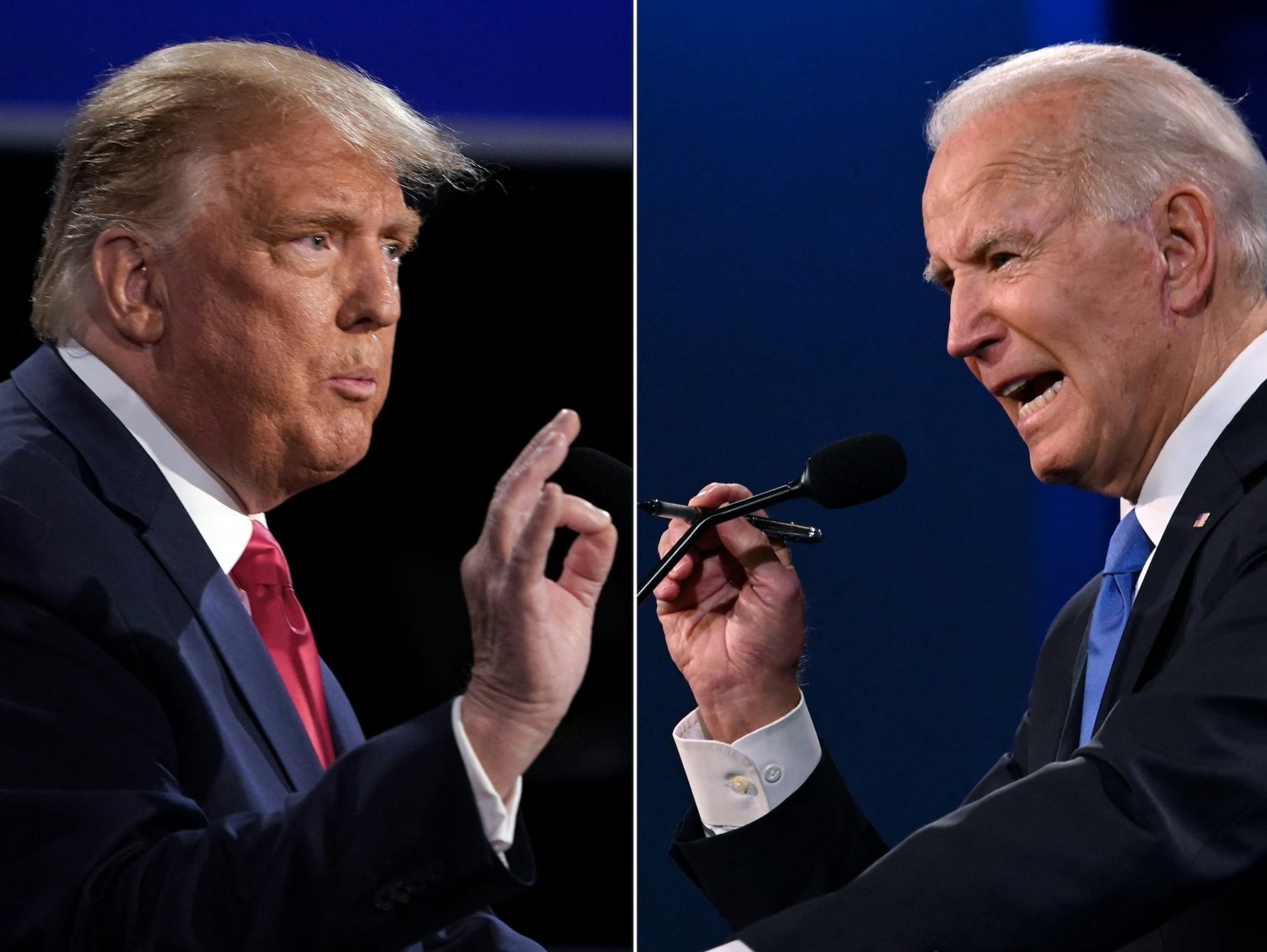 Donald Trump and Joe Biden are shown in a split image, both speaking passionately into microphones during a political debate