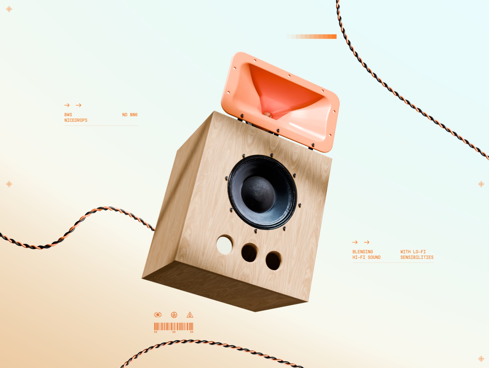 A wooden speaker with a large black woofer and an orange horn tweeter, connected by a twisted cable, set against a light background.