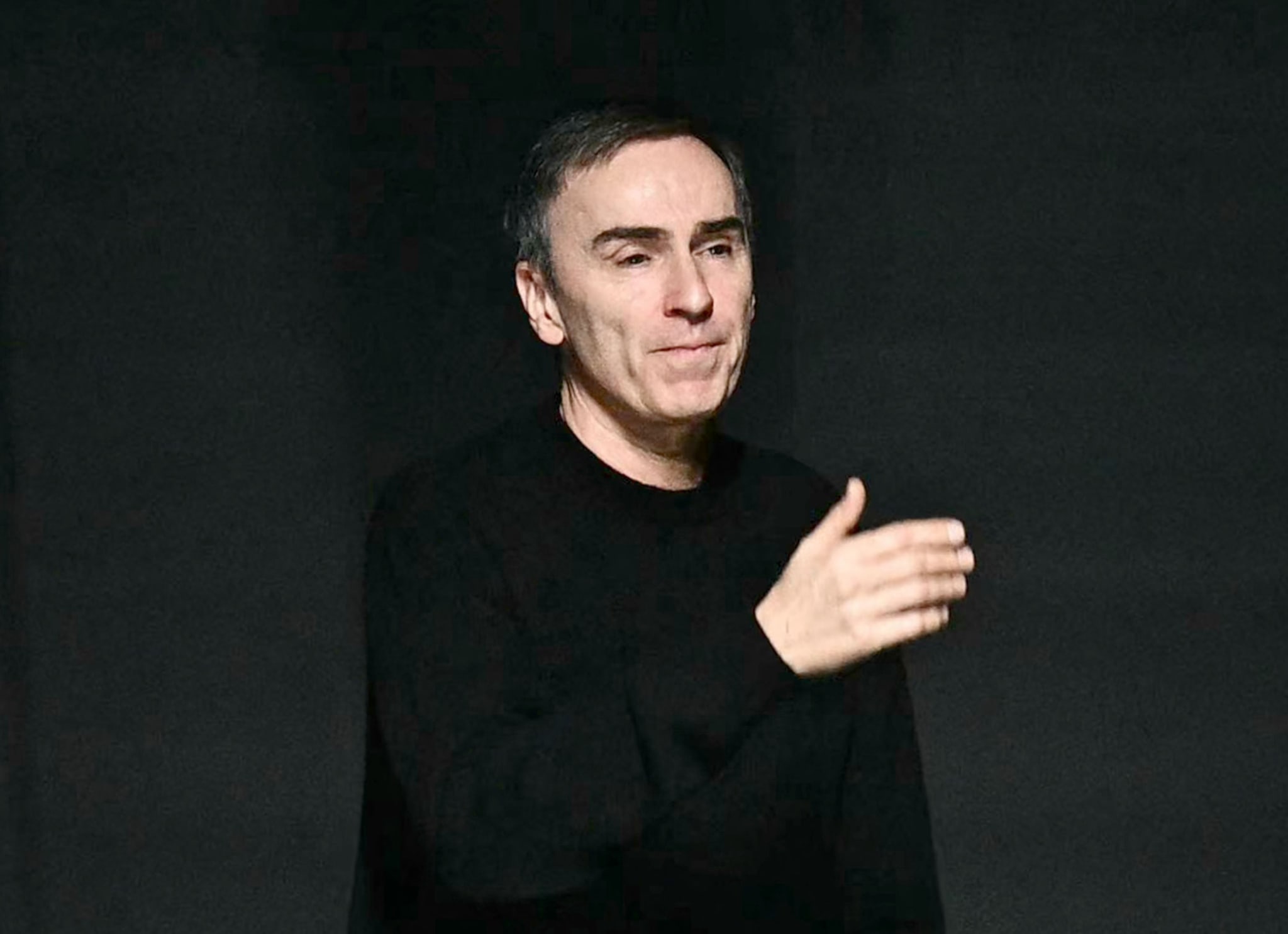 Italian fashion designer Miuccia Bianchi Prada (L) and Belgian designer Raf Simons greet the audience at the end of the Prada collection show at the Milan Fashion Week Womenswear Autumn/Winter 2024-2025 on February 22, 2024 in Milan.