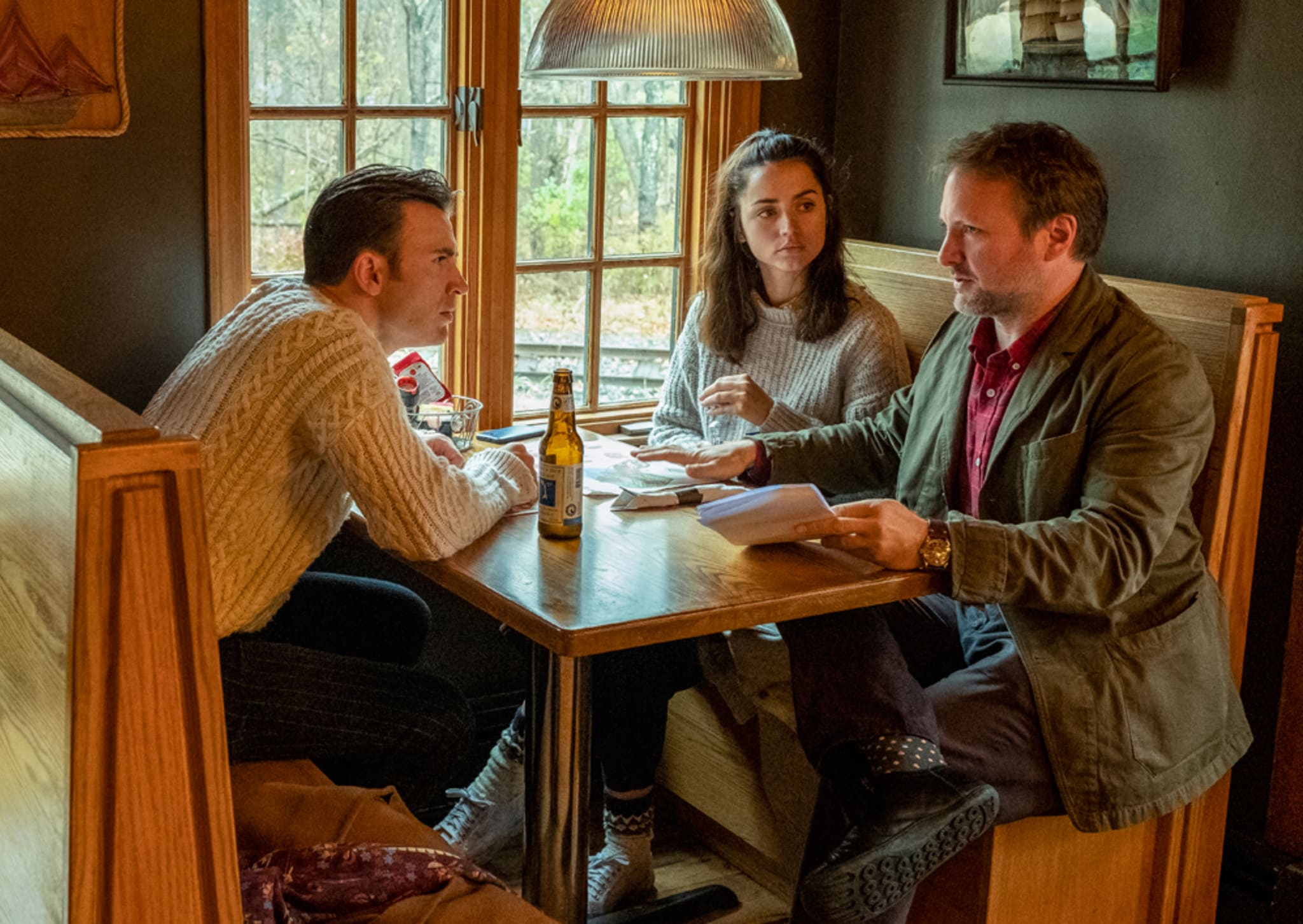 Chris Evans, Ana de Armas and Director Rian Johnson on the set of 'Knives Out'