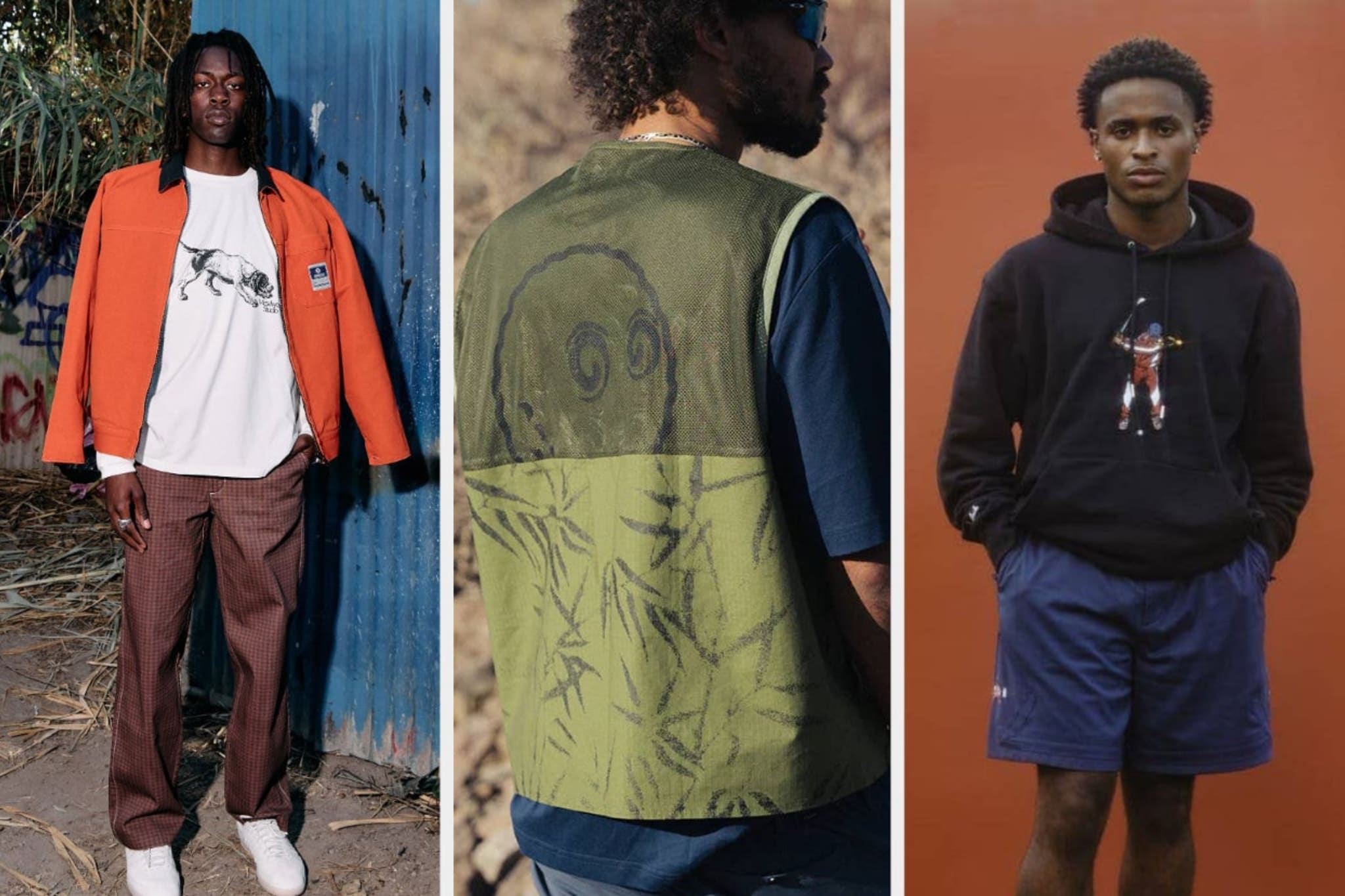 From left to right: A man in a casual outfit with an orange jacket, a man showing the back of a green vest with an artistic design, and a third man in a hoodie and shorts