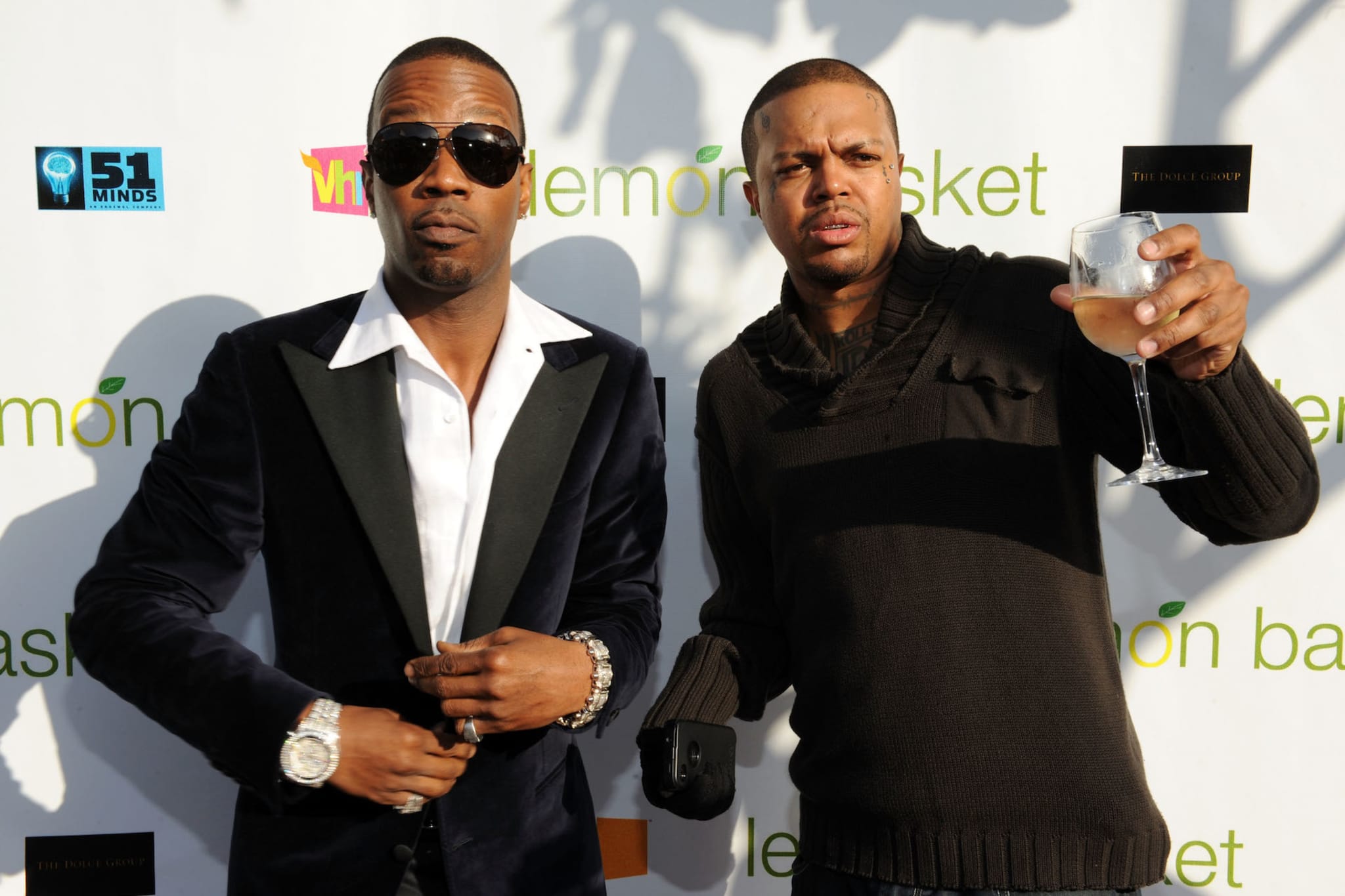 Juicy J and DJ Paul of Three 6 Mafia arrive at the grand opening of Lemon Basket restaurant.