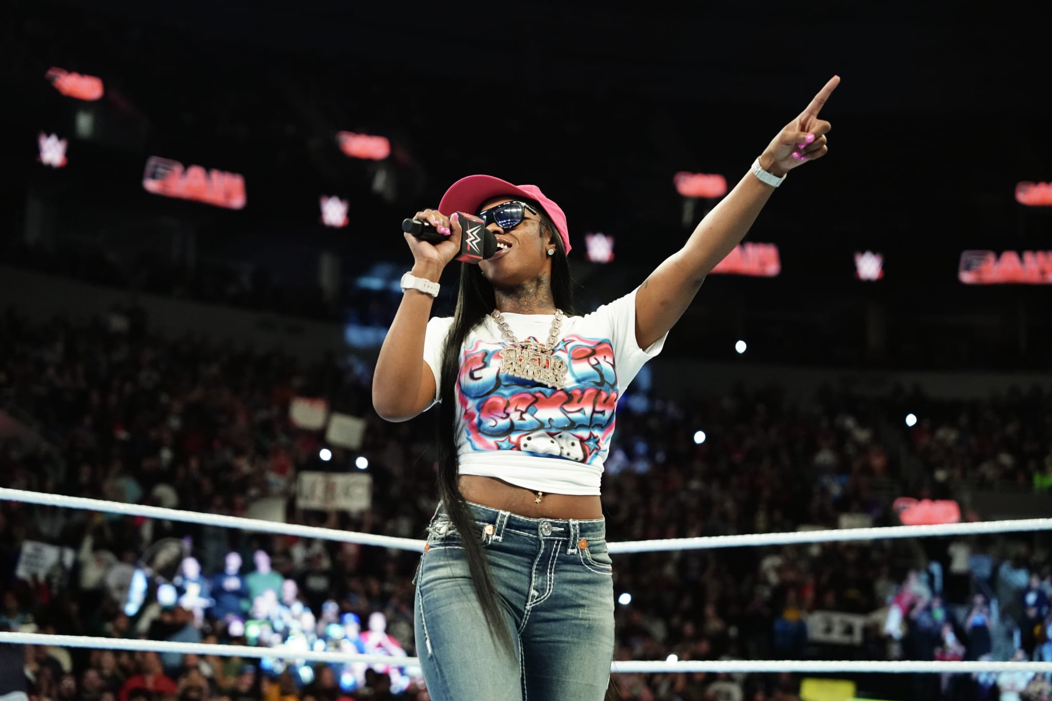 ST LOUIS, MISSOURI - OCTOBER 07: Sexyy Red addresses the crowd during Monday Night RAW at Enterprise Center on October 7, 2024 in St Louis, Missouri.