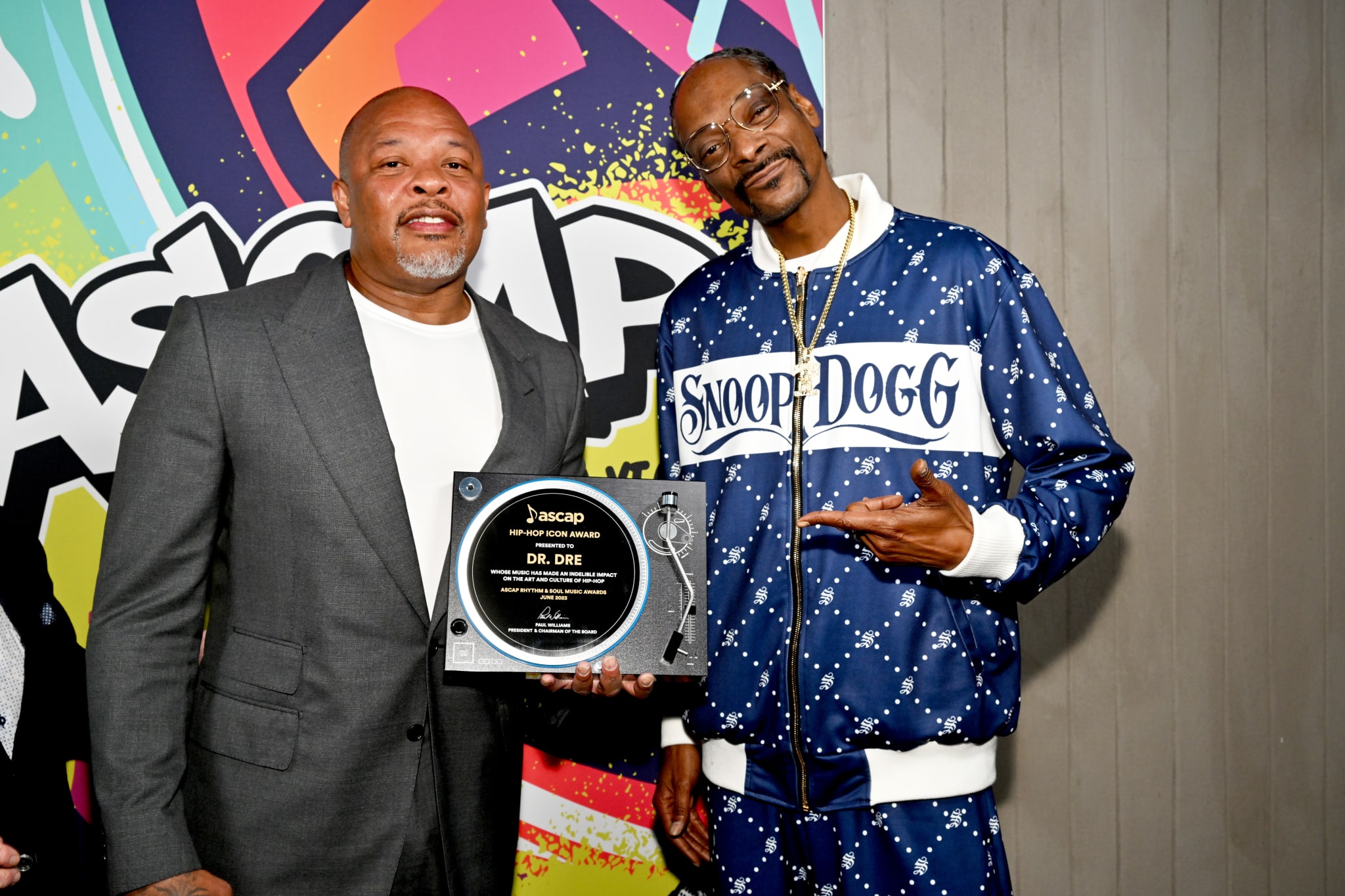 LOS ANGELES, CALIFORNIA - JUNE 22: (L-R) Dr. Dre and Snoop Dogg attend ASCAP Rhythm & Soul Celebration of 50 Years of Hip-Hop on June 22, 2023 in Los Angeles, California.